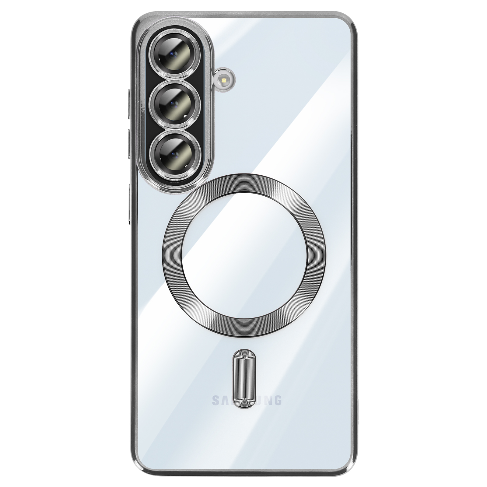 Een doorzichtige telefoonhoes met drie camera's en een zilveren ring.