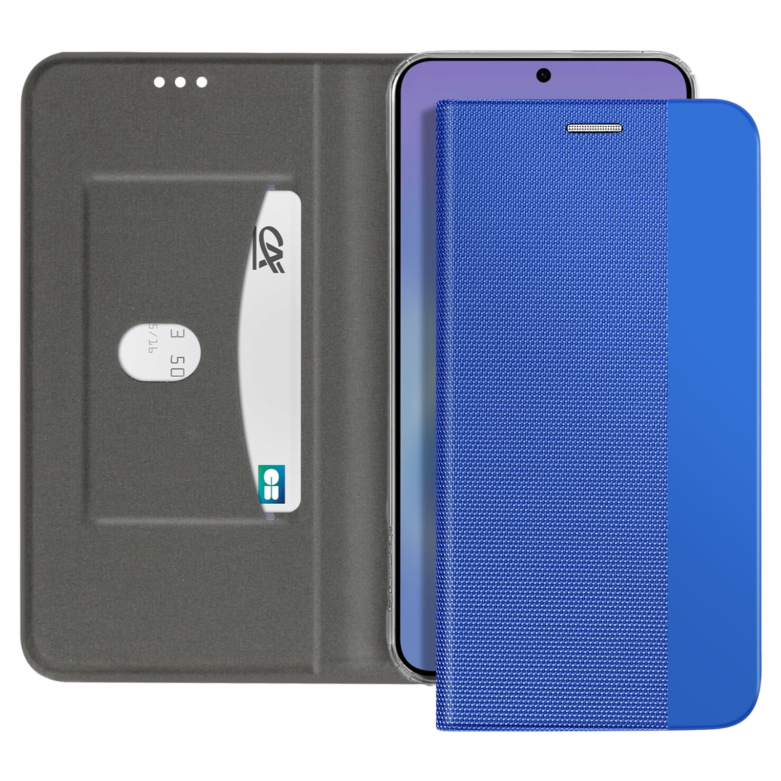 Una custodia blu per telefono con uno slot per carte e un telefono.