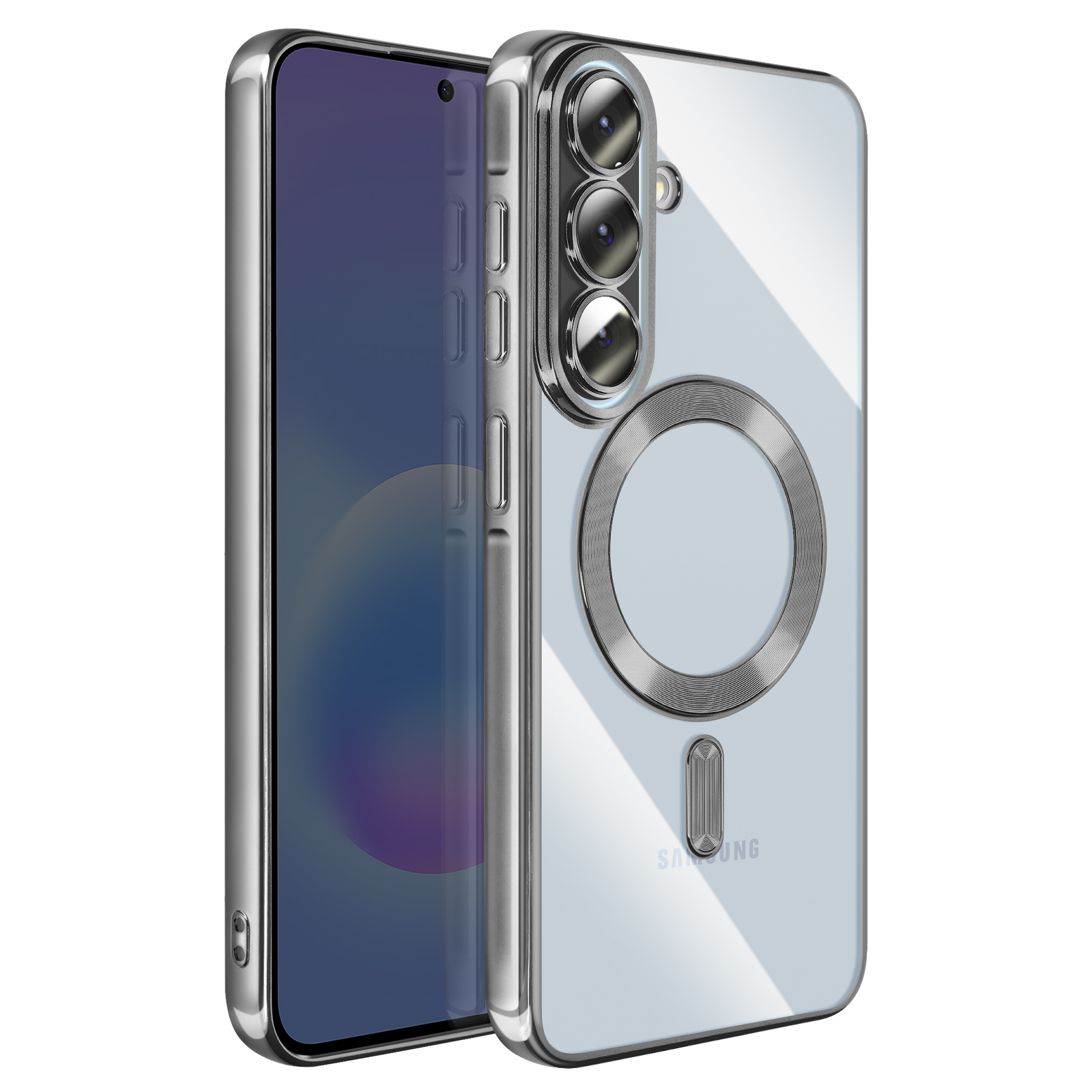 Een zilveren smartphone met doorzichtige hoes, drie camera's en MagSafe-ring.