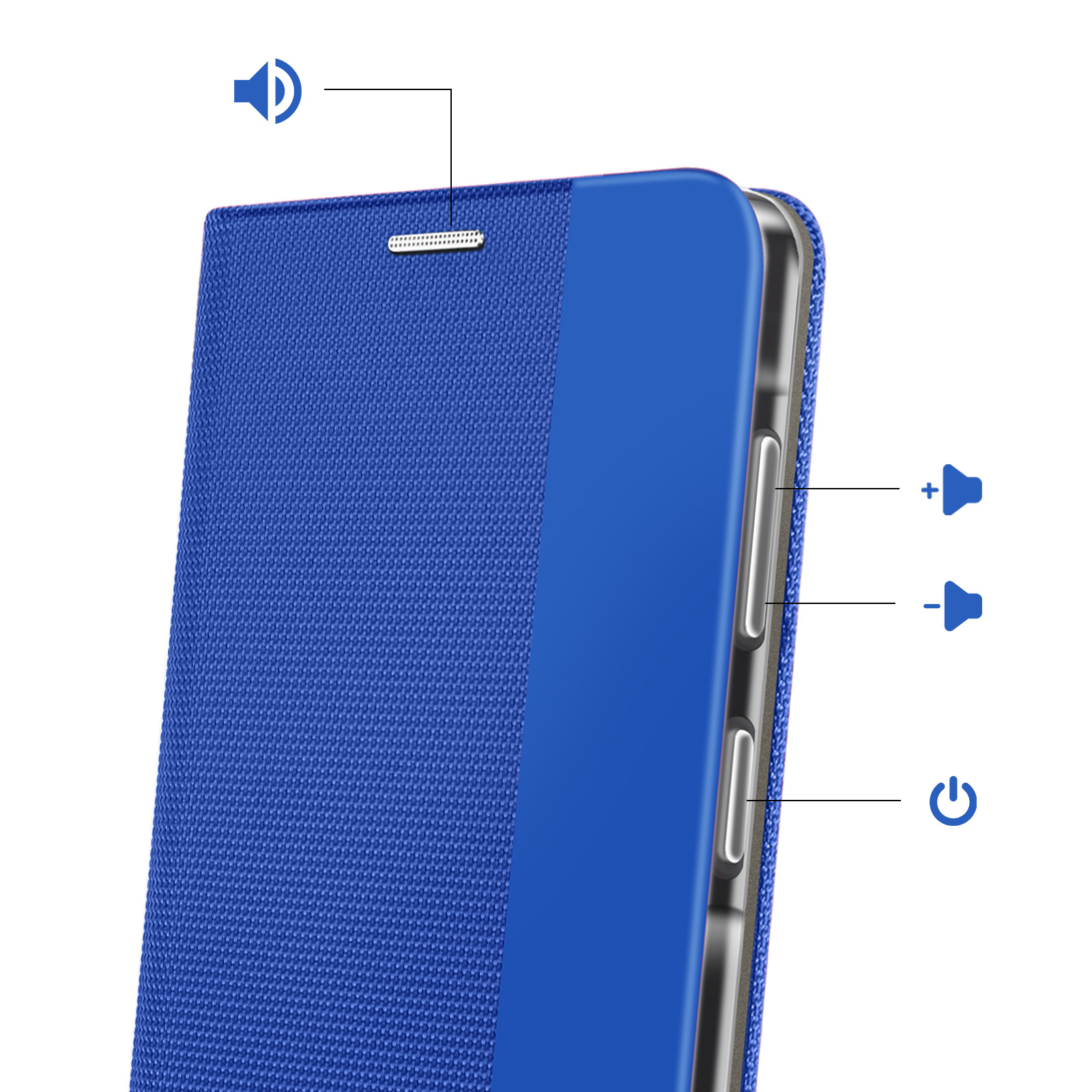 Custodia blu per telefono con pulsanti volume e accensione.