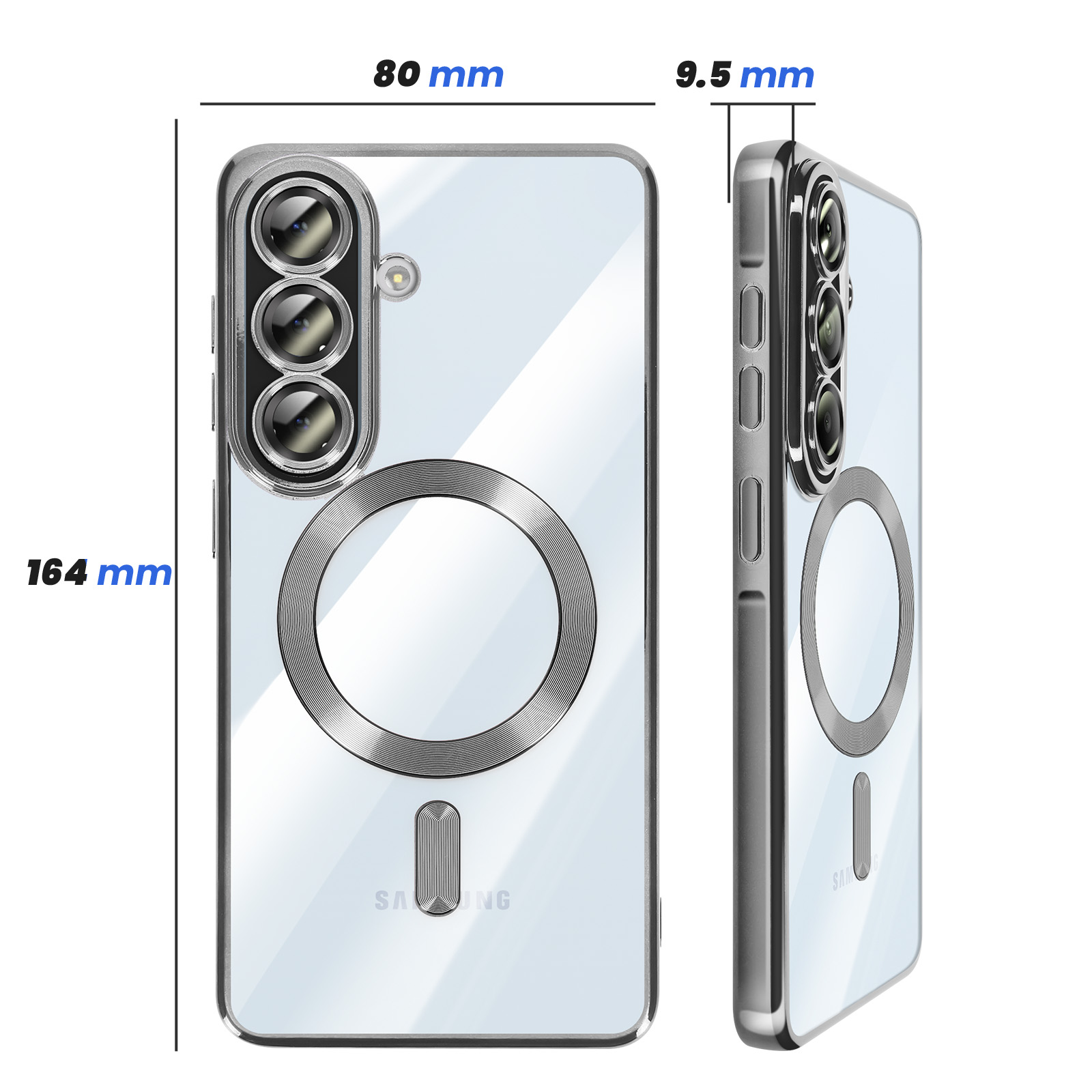 Doorzichtige telefoonhoes met drie camera's en een magnetische ring.