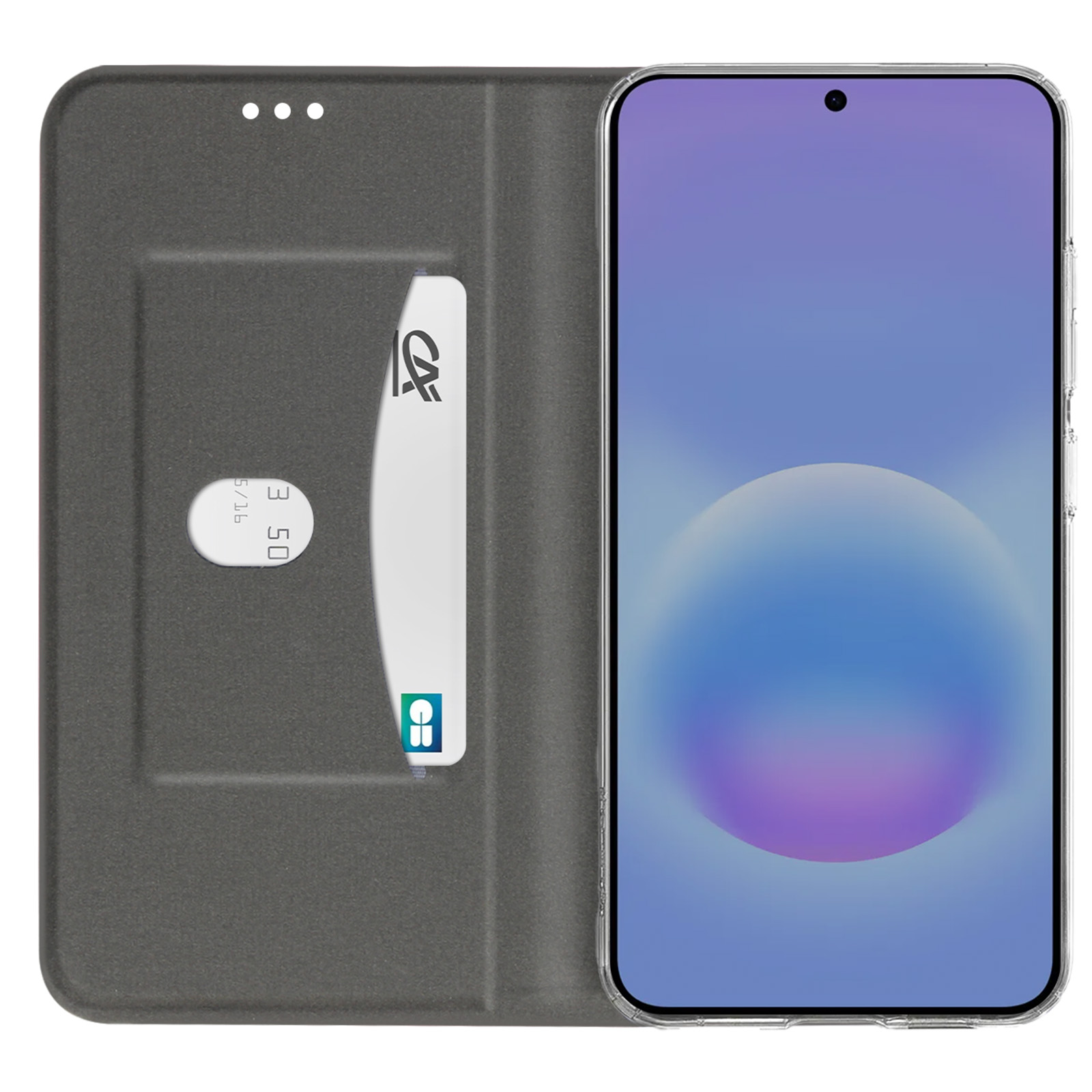 Custodia grigia per telefono con slot per carte e smartphone con sfondo blu.