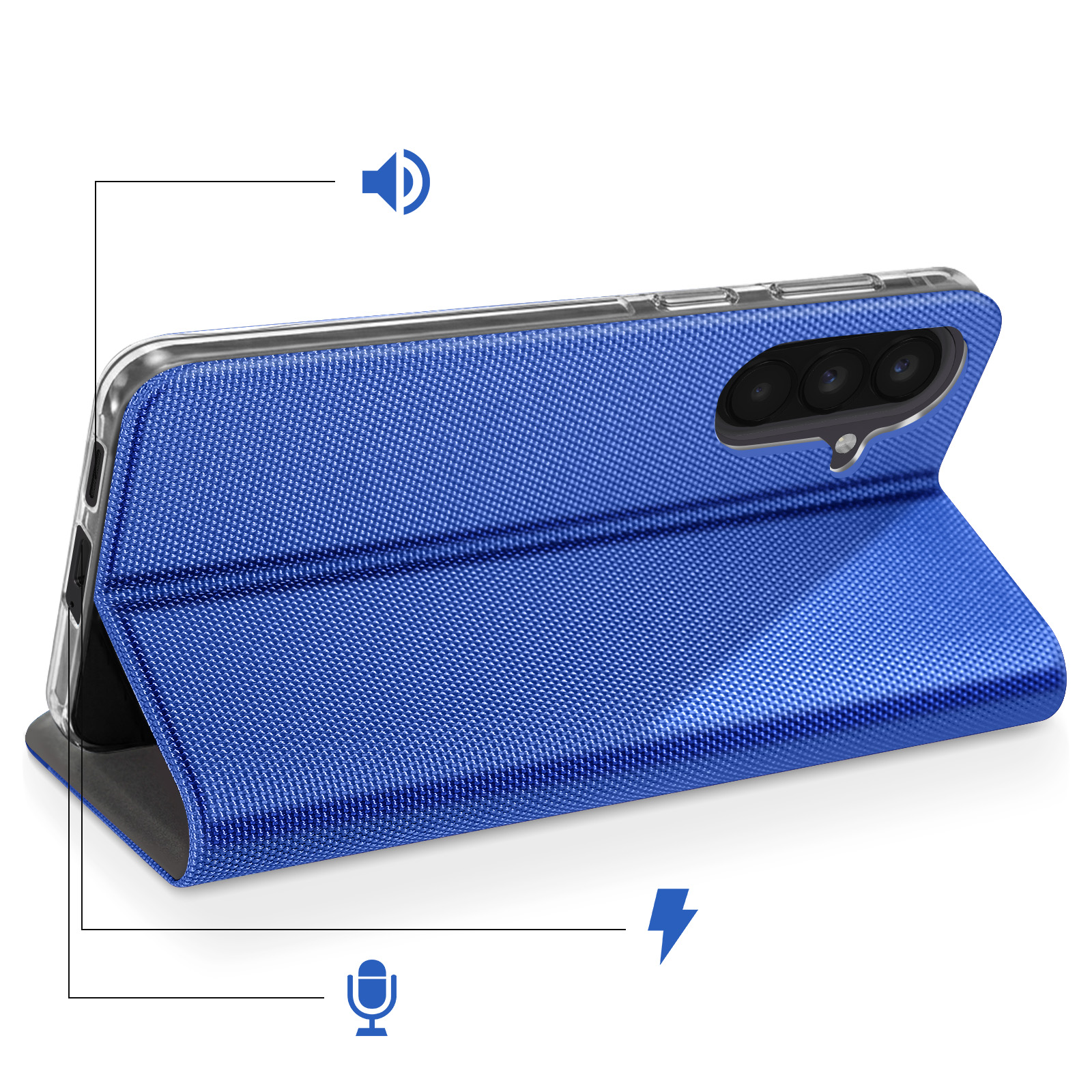 Telefono blu in custodia di tessuto, con tripla fotocamera e icone per audio, microfono e alimentazione.