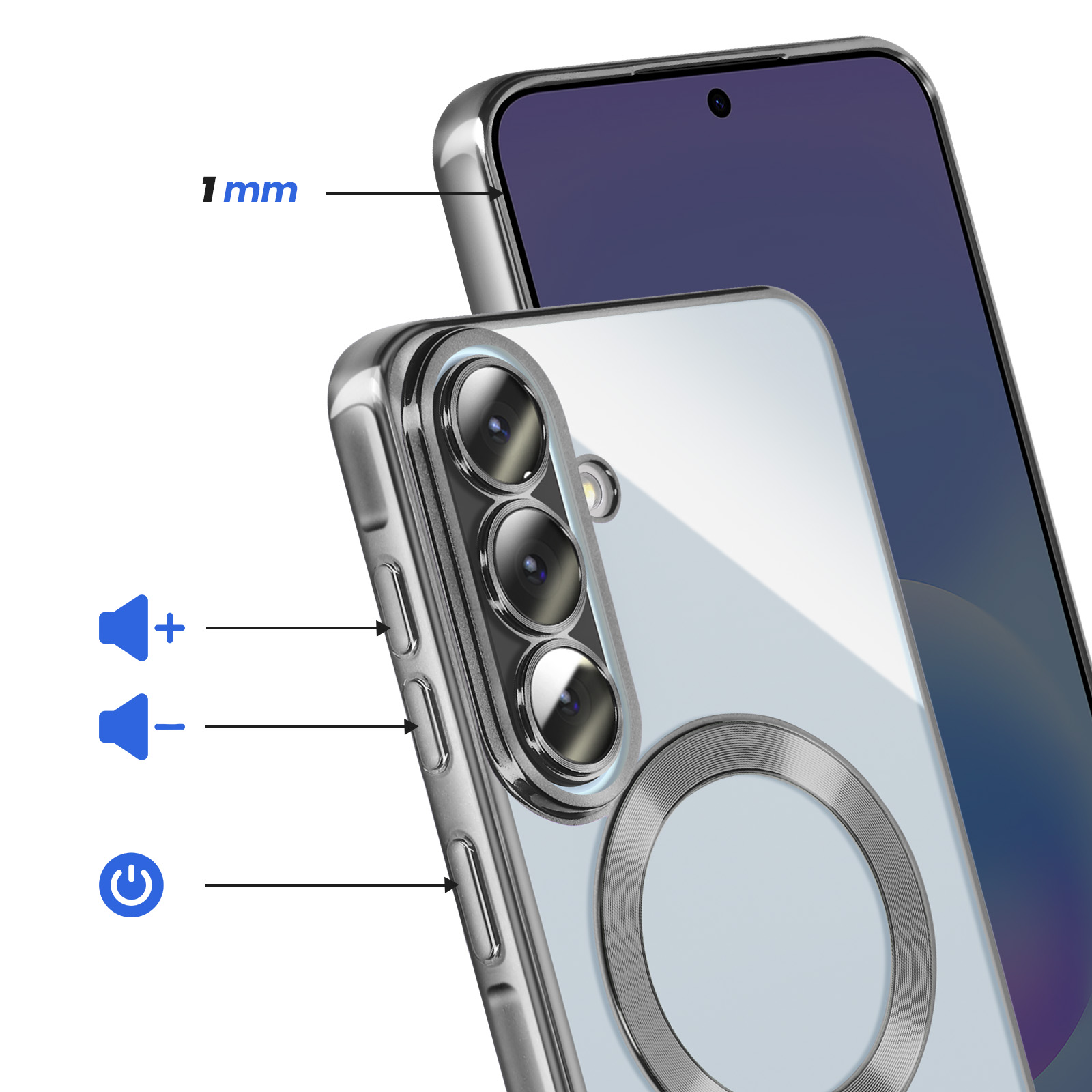 Een doorzichtige telefoonhoes met metalen ring en gemarkeerde knoppen.