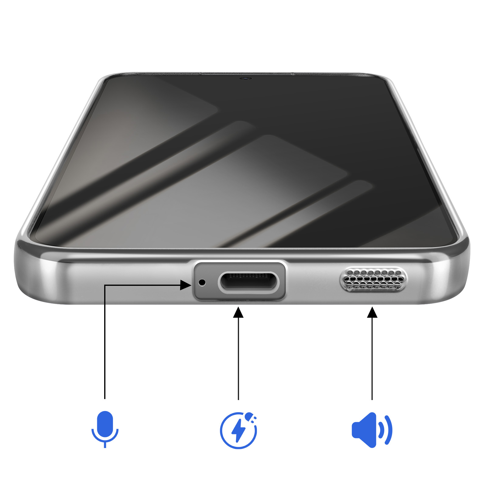 Een smartphone met USB-C poort, microfoon en luidsprekergrill.