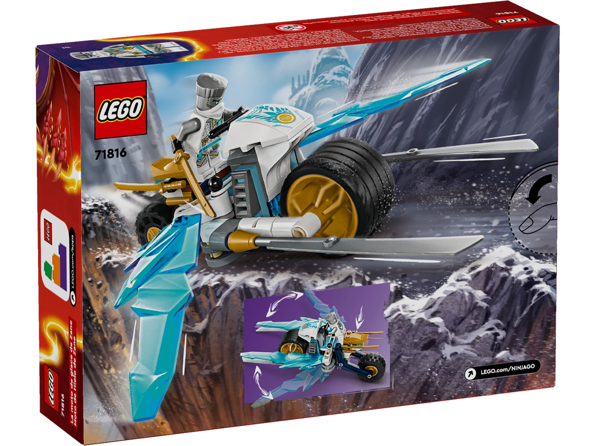 Ein Lego-Ninja auf einem eisigen Motorrad fährt durch eine felsige, schneebedeckte Landschaft.