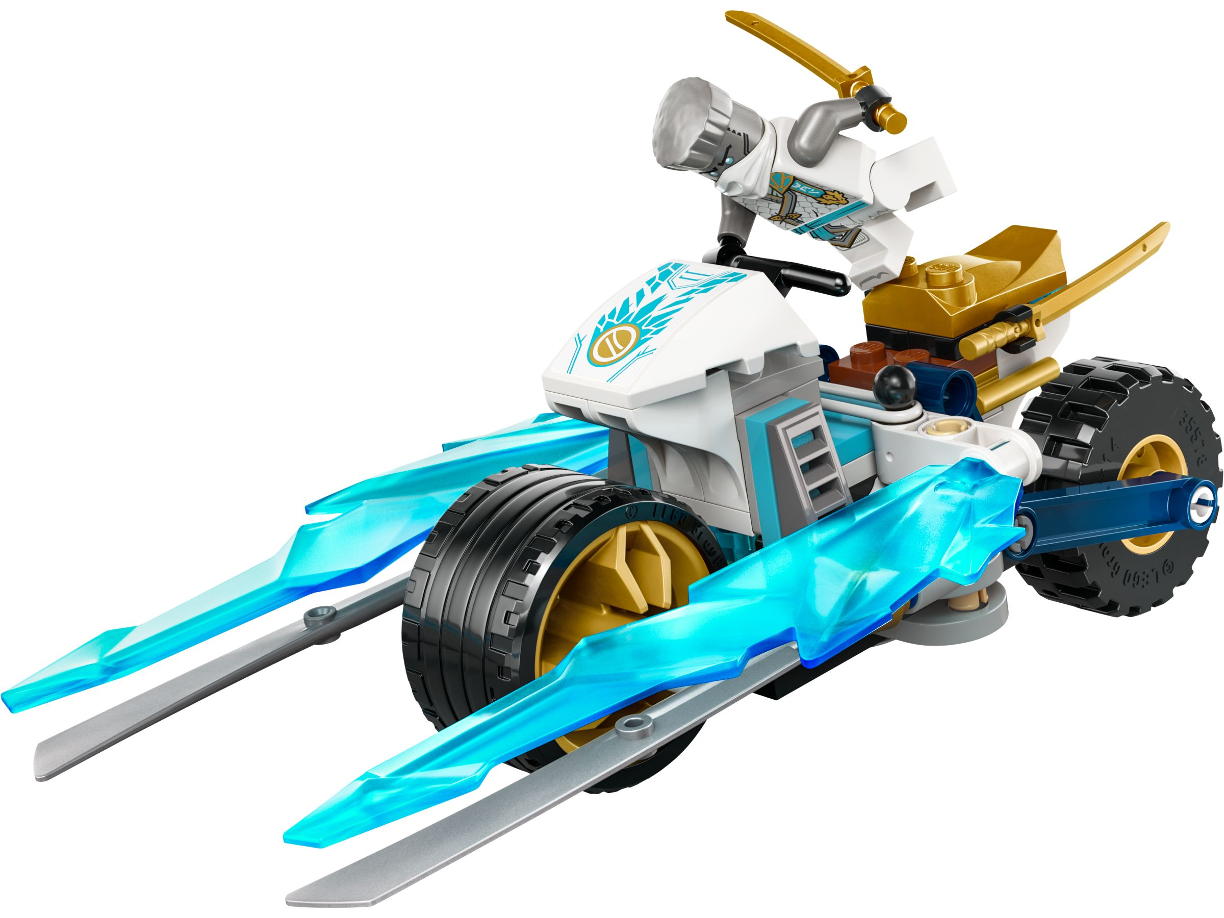 Ein Lego-Ninja in Weiß fährt ein futuristisches Motorrad mit blauen Eisflügeln.