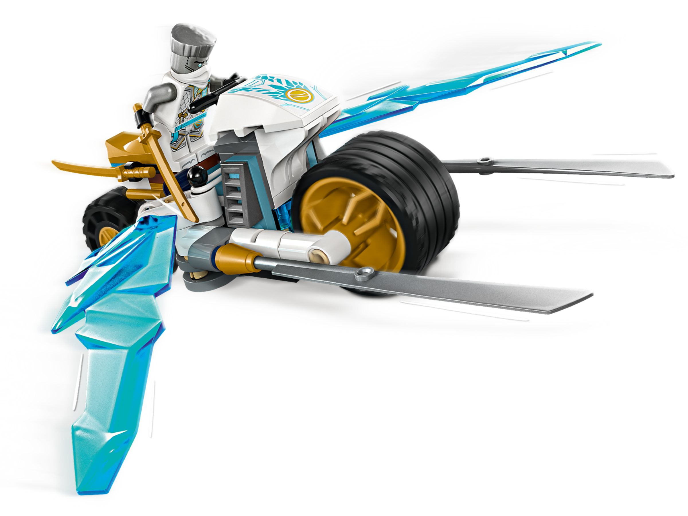 Ein Ritter auf einem futuristischen Motorrad mit blauen Flügeln und goldenen Akzenten.