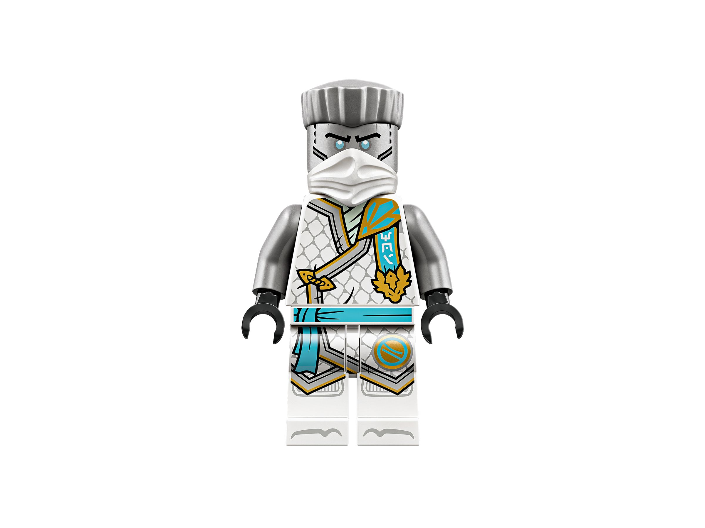 Eine Lego-Figur in Weiß und Grau mit einer weißen Maske und blauen Augen.