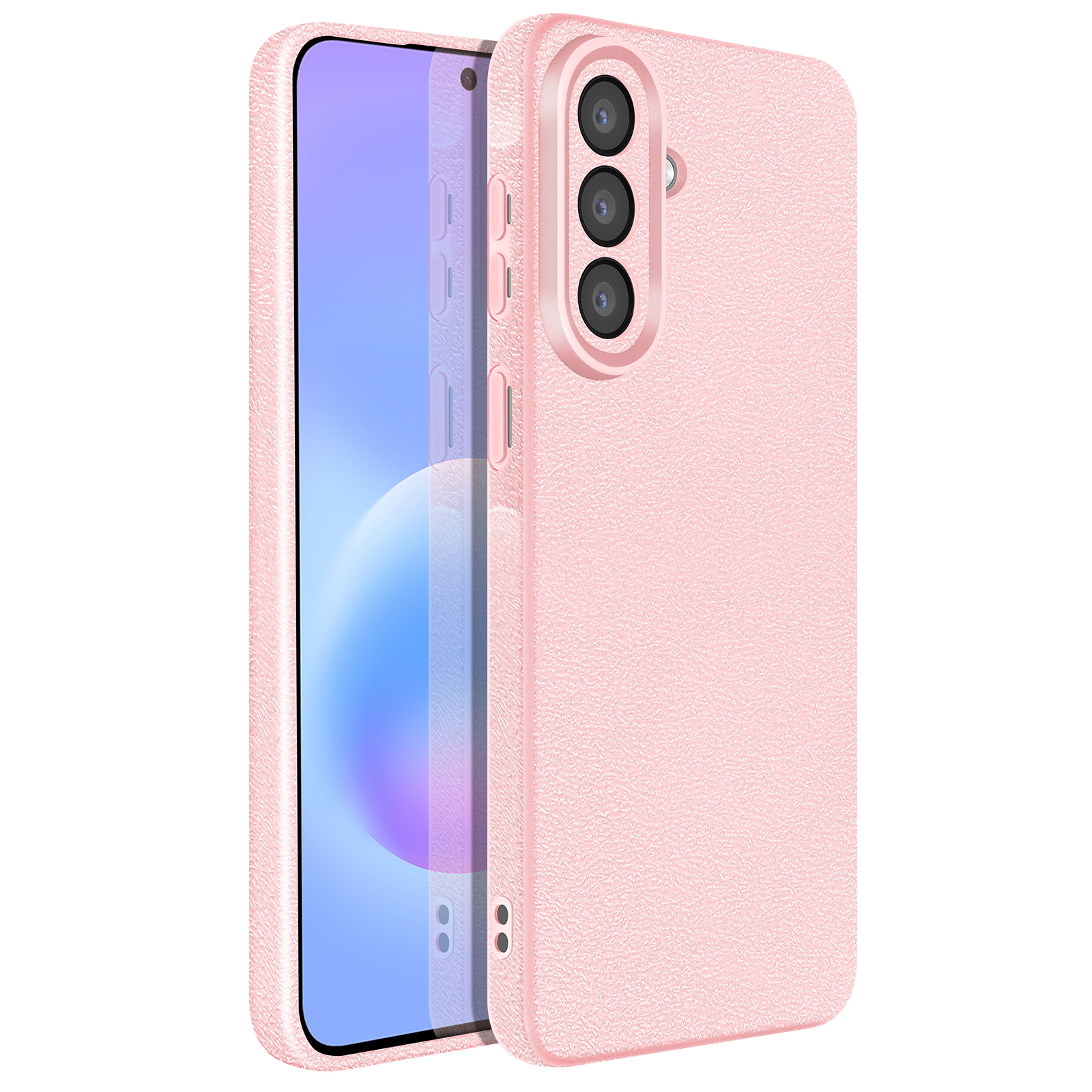 Custodia rosa per telefono con tre fotocamere e pulsante laterale.
