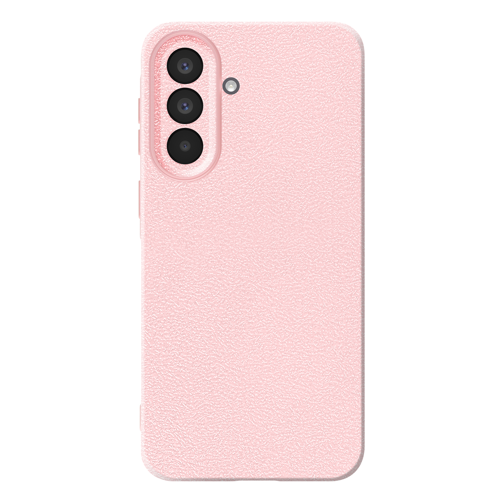 Una cover rosa per telefono con tre obiettivi e un flash.