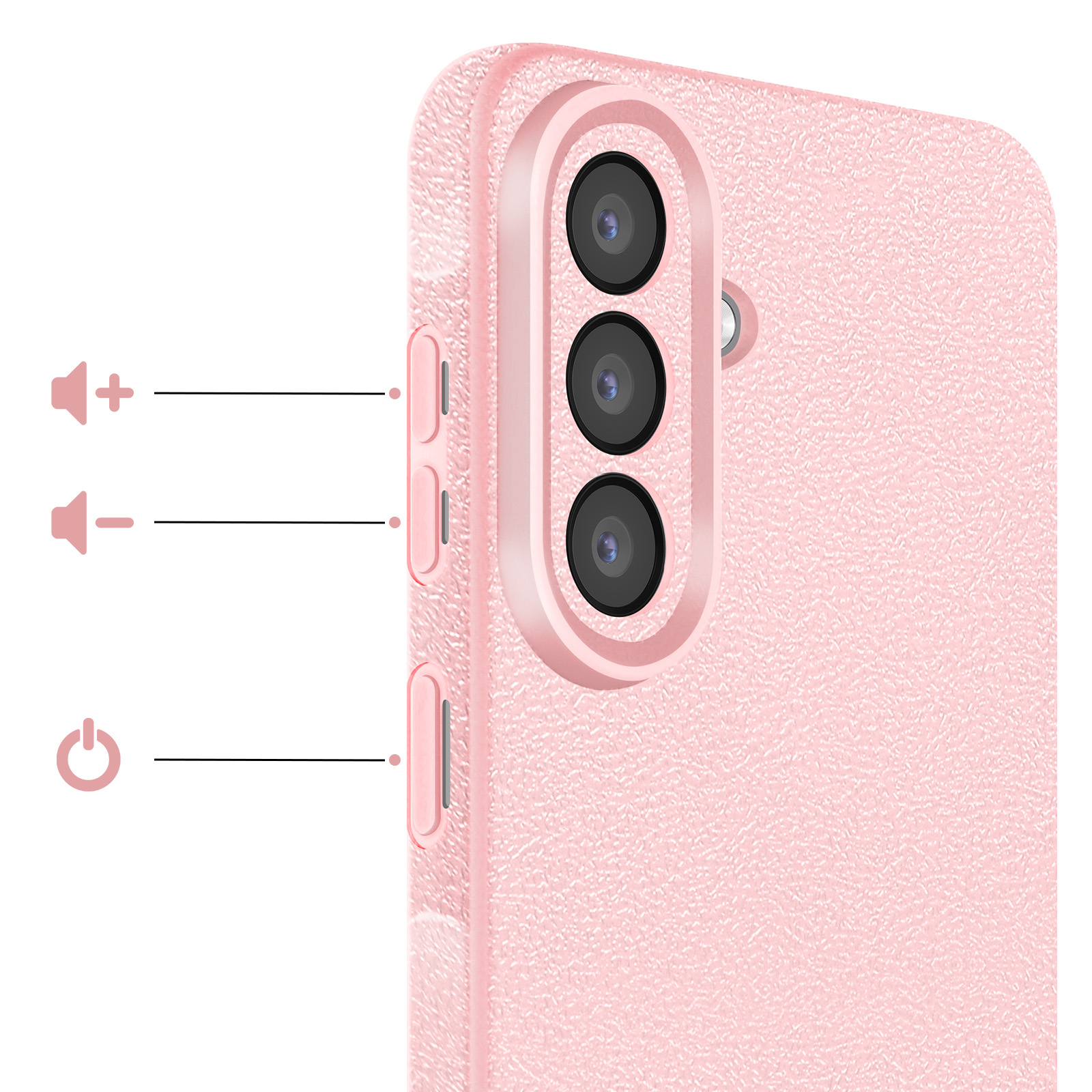 Una custodia rosa per telefono con tre obiettivi della fotocamera e pulsanti volume/accensione.