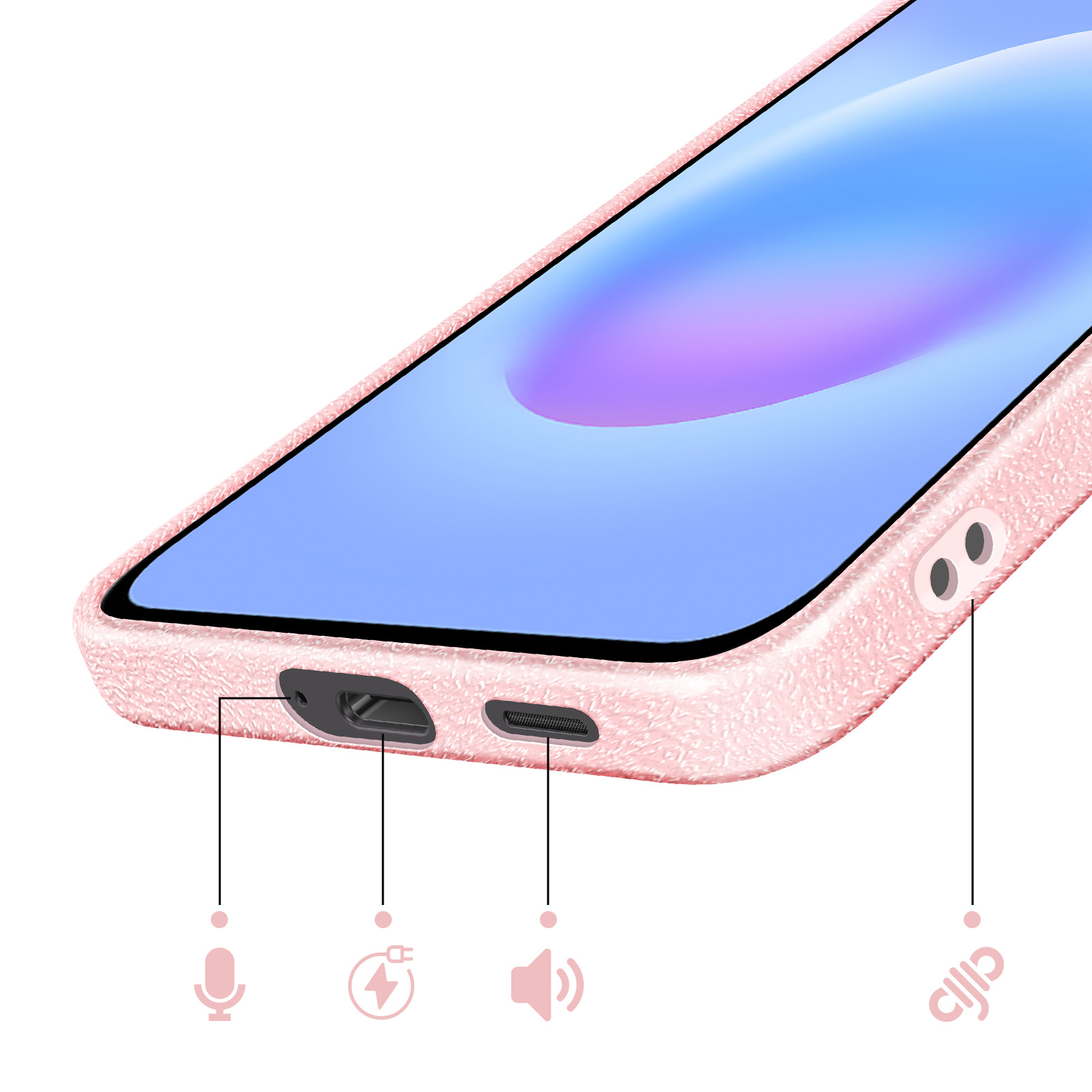 Primo piano di una cover rosa per telefono con porte e icone.