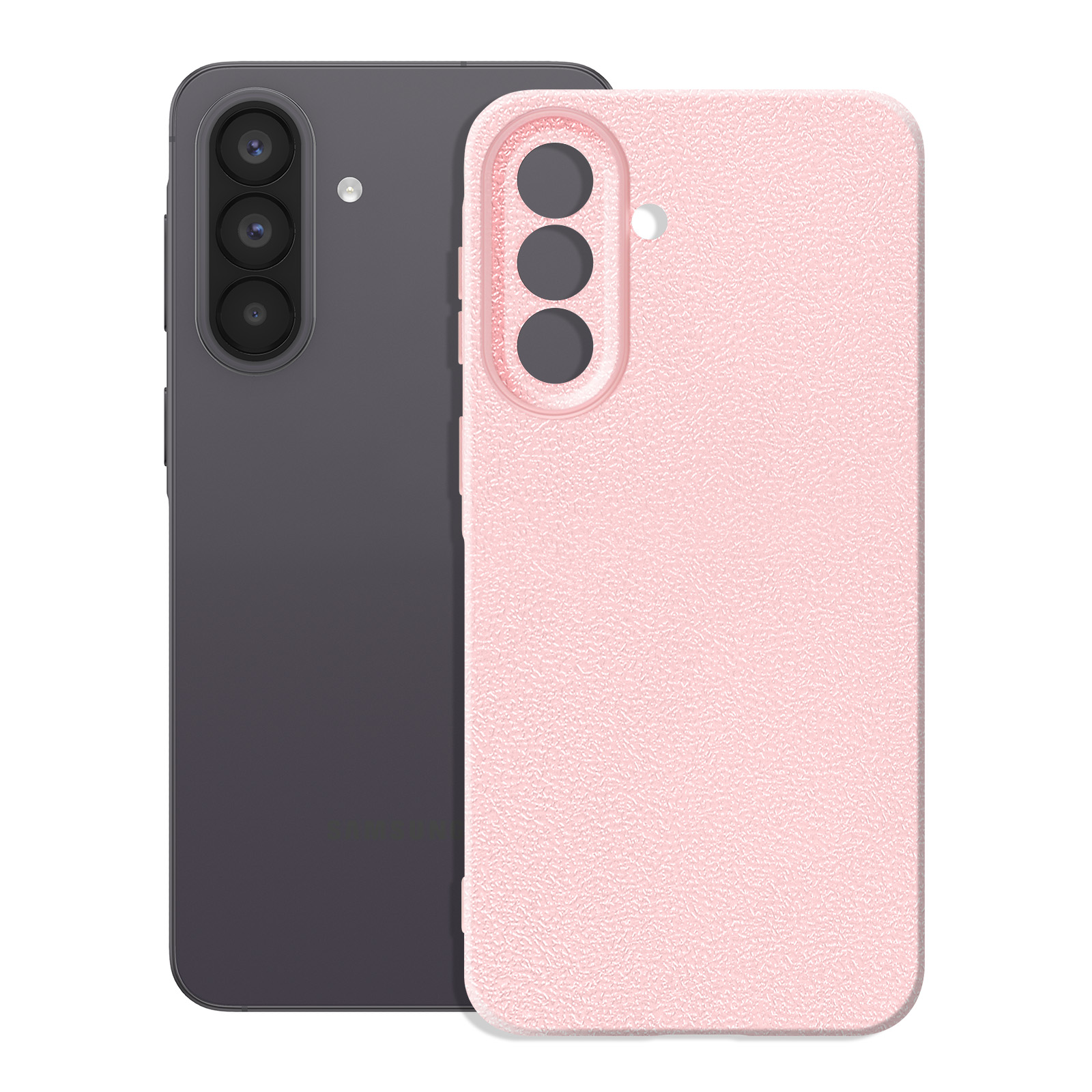 Telefono grigio scuro con tre fotocamere accanto a un telefono rosa chiaro con custodia.