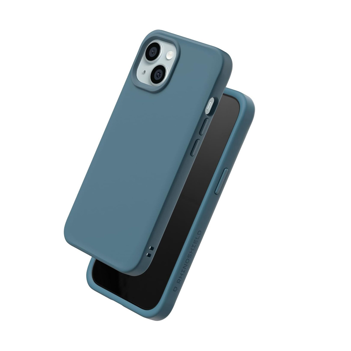 Une coque de téléphone bleue avec double appareil photo au dos.