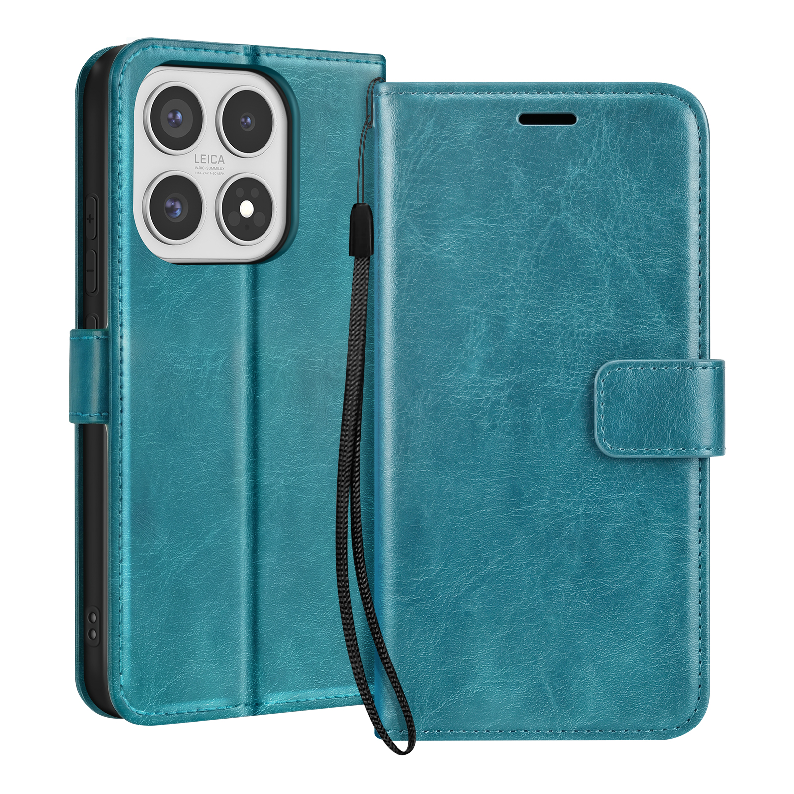 Turquoise telefoonhoesje met quad camera en koord.