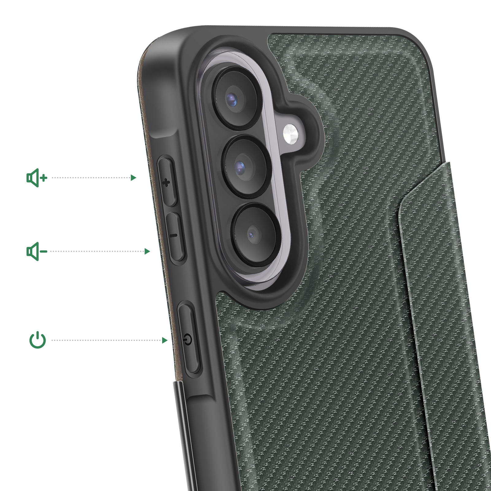 Primo piano di una custodia per telefono con fotocamere, pulsanti e texture.