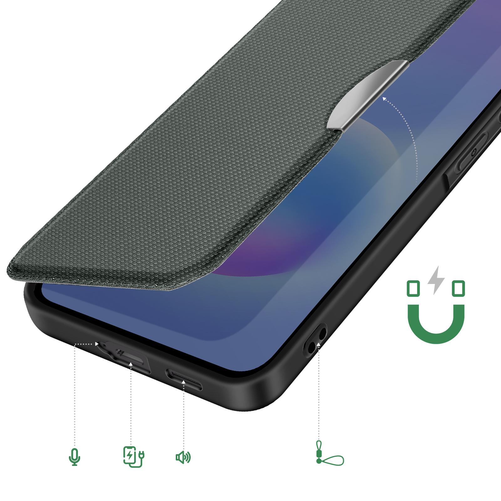 Custodia grigia per telefono con simbolo magnetico e porte di ricarica/cuffie.
