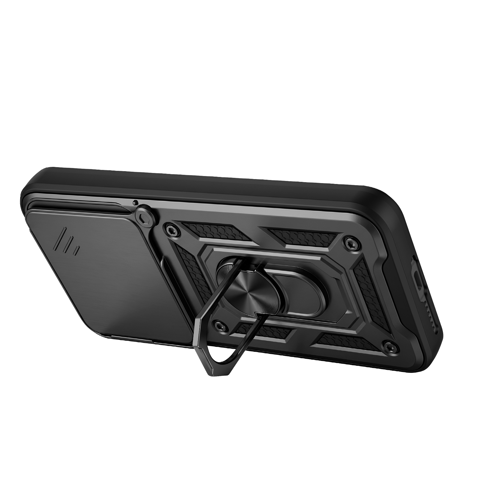 Zwarte telefoonhoes met ringstandaard, getextureerde achterkant en metalen accenten.