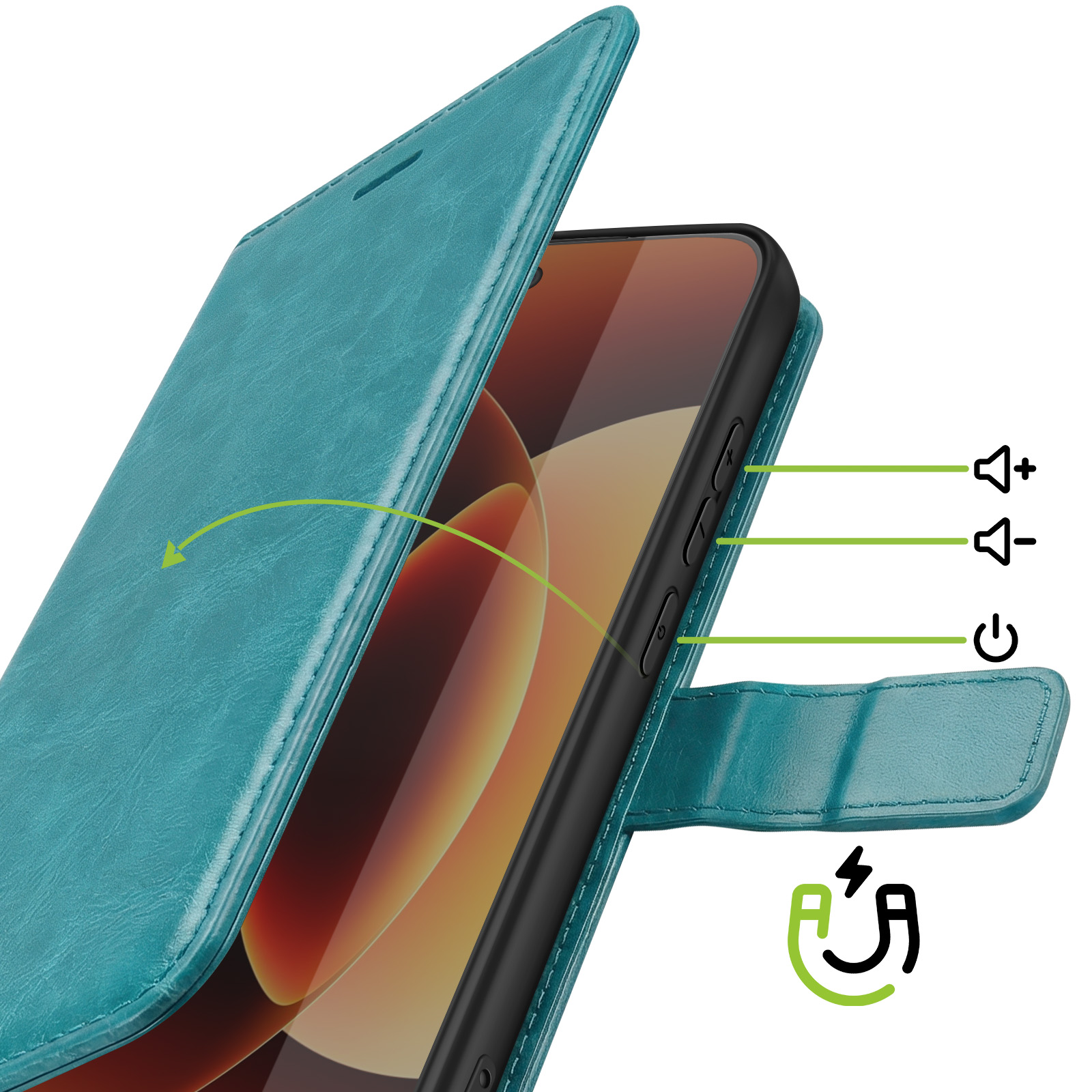 Turquoise flip telefoonhoes met iconen voor volume, aan/uit en magnetische sluiting.