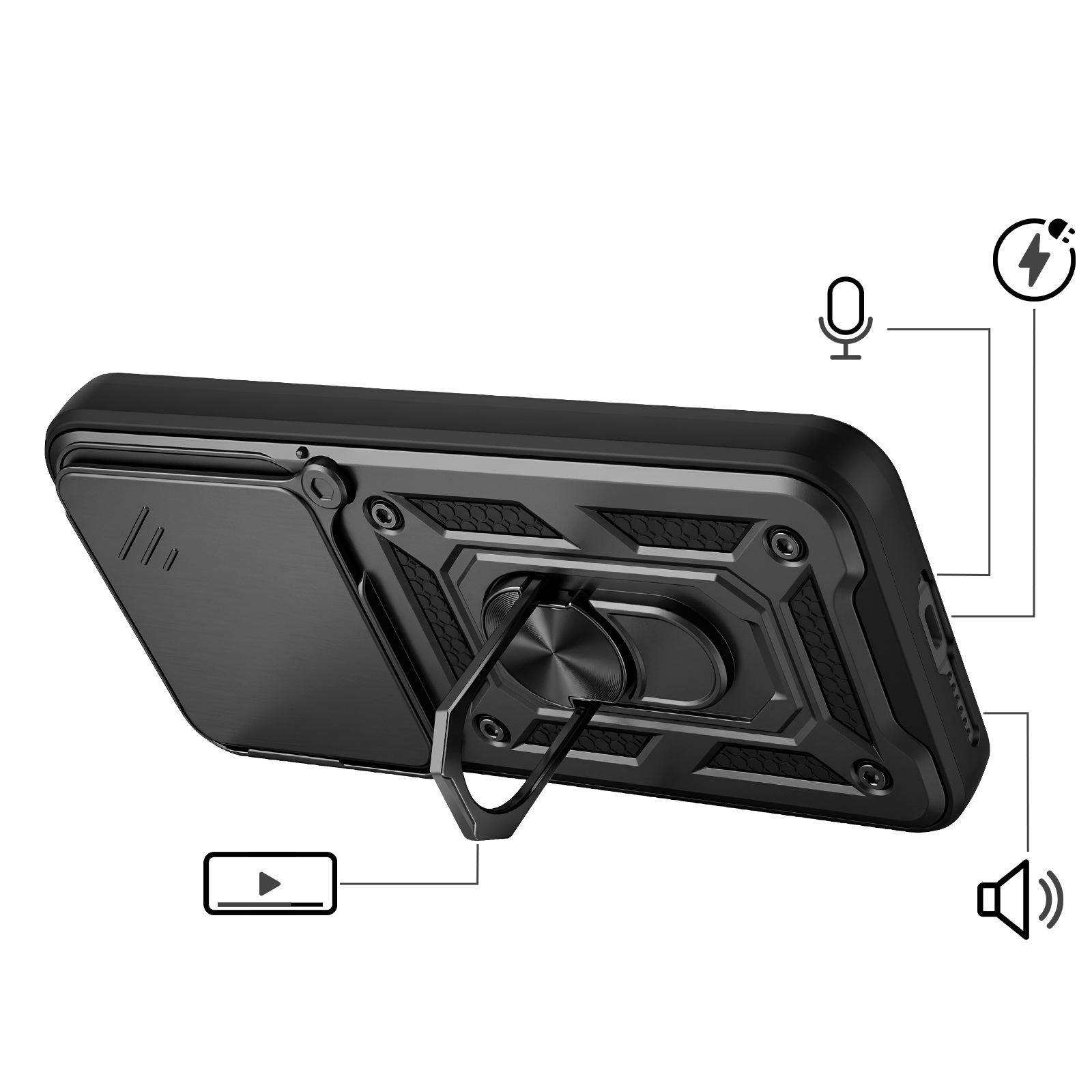 Zwarte telefoonhoes met ringhouder en iconen voor microfoon, opladen en luidspreker.