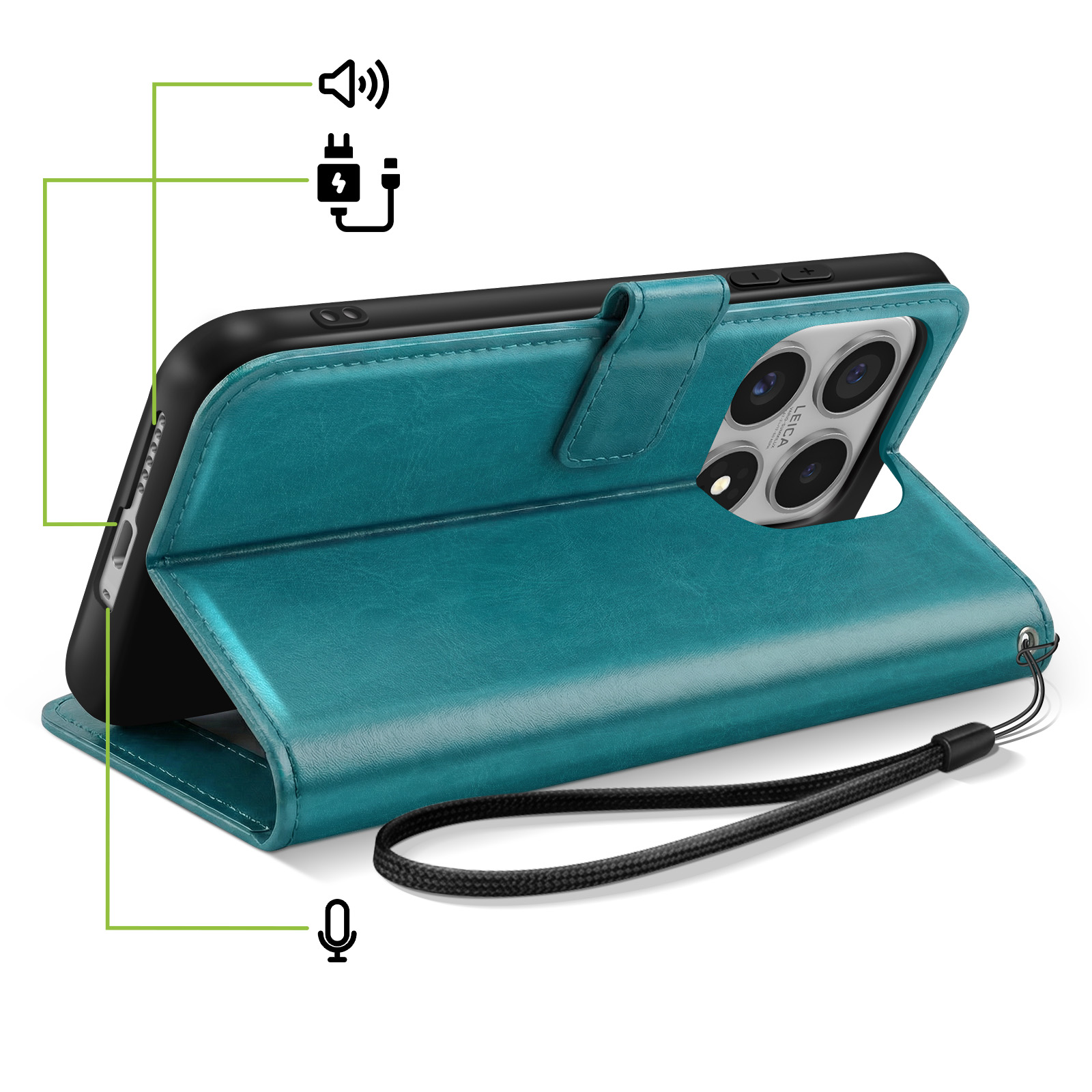 Een turquoise flip telefoonhoes met camera, opladen en microfoon iconen.