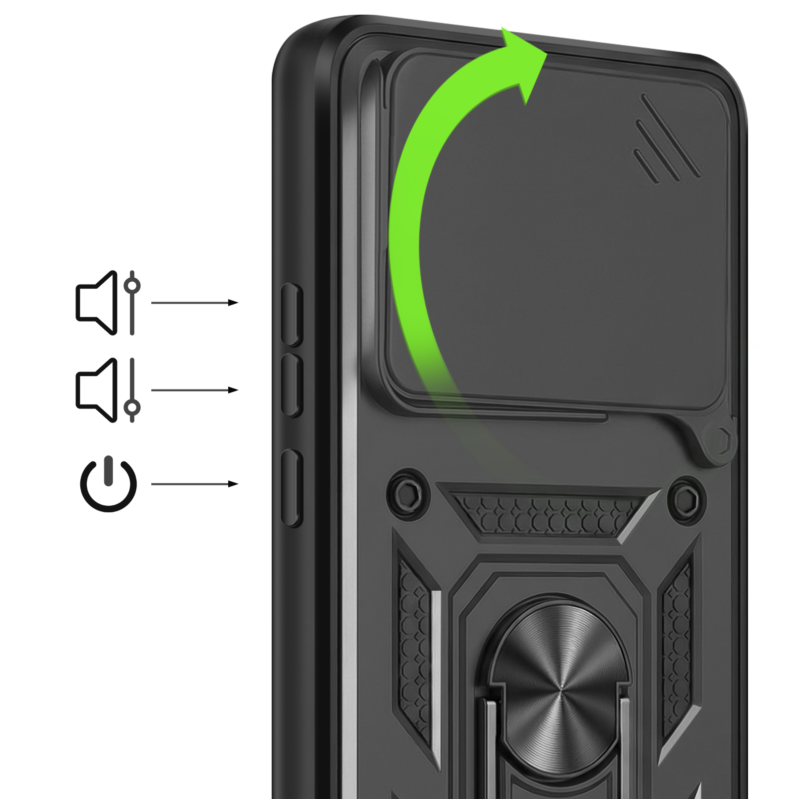 Zwarte telefoonhoes met groene pijl die schuifhoes toont. Pictogrammen geven volume- en aan/uitknoppen aan.