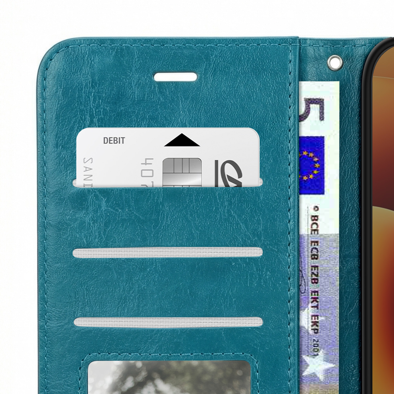 Een teal telefoonhoesje met kaarthouders, een pinpas en een briefje van 5 euro.