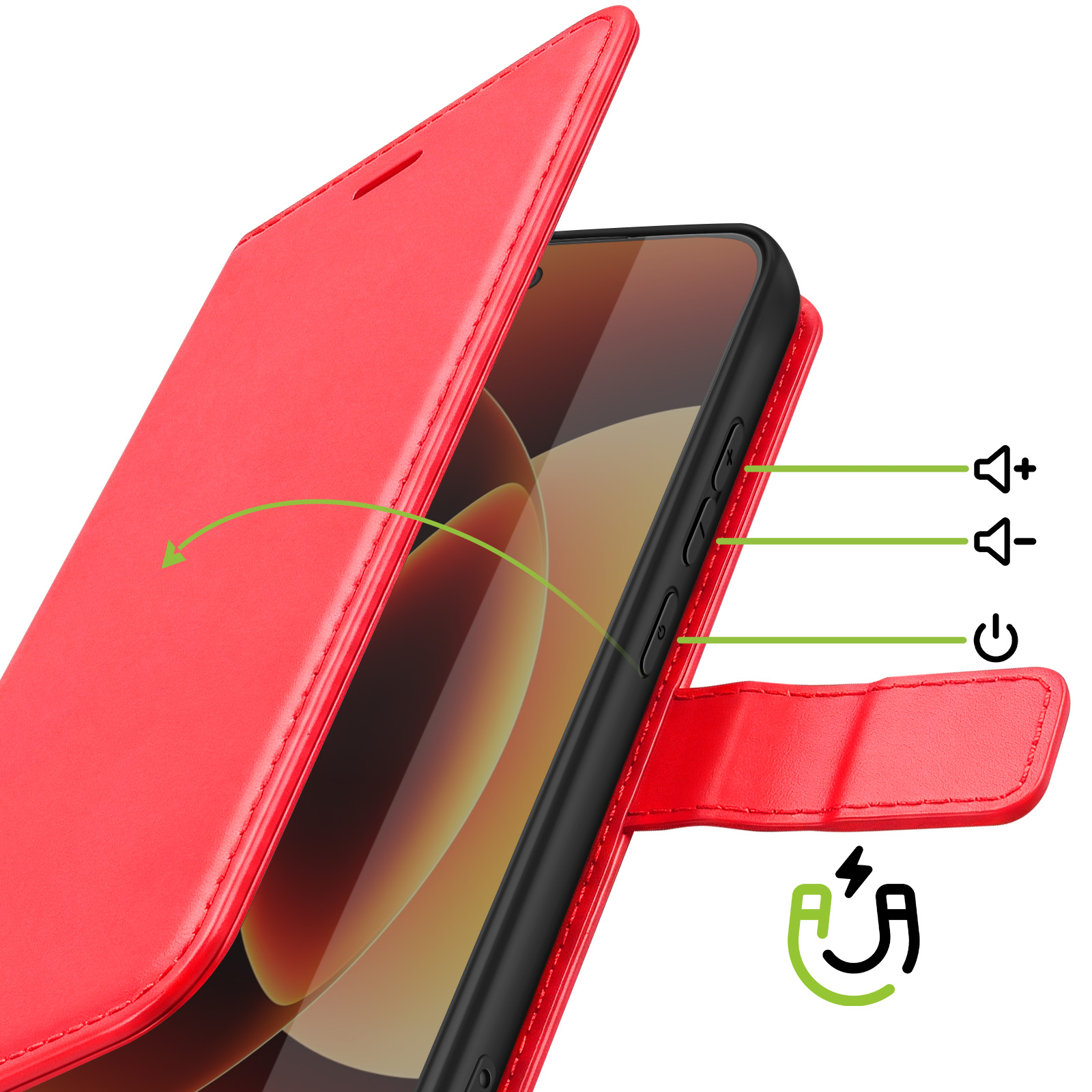 Rode telefoonhoes geopend, toont volume- en aan/uitknoppen. Magnetische sluiting.