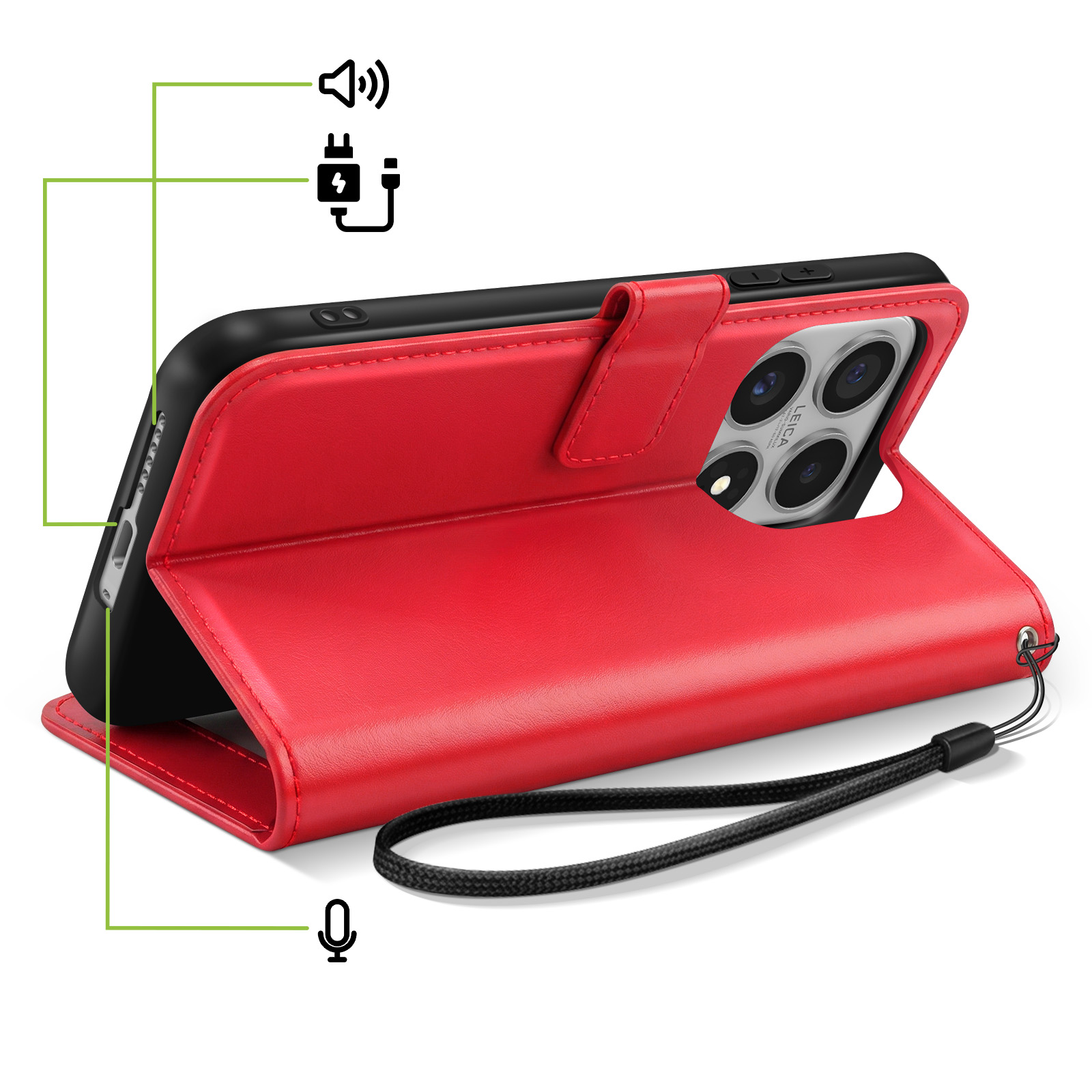Rode telefoonhoes met camera, oplaadpoort en microfoon iconen.