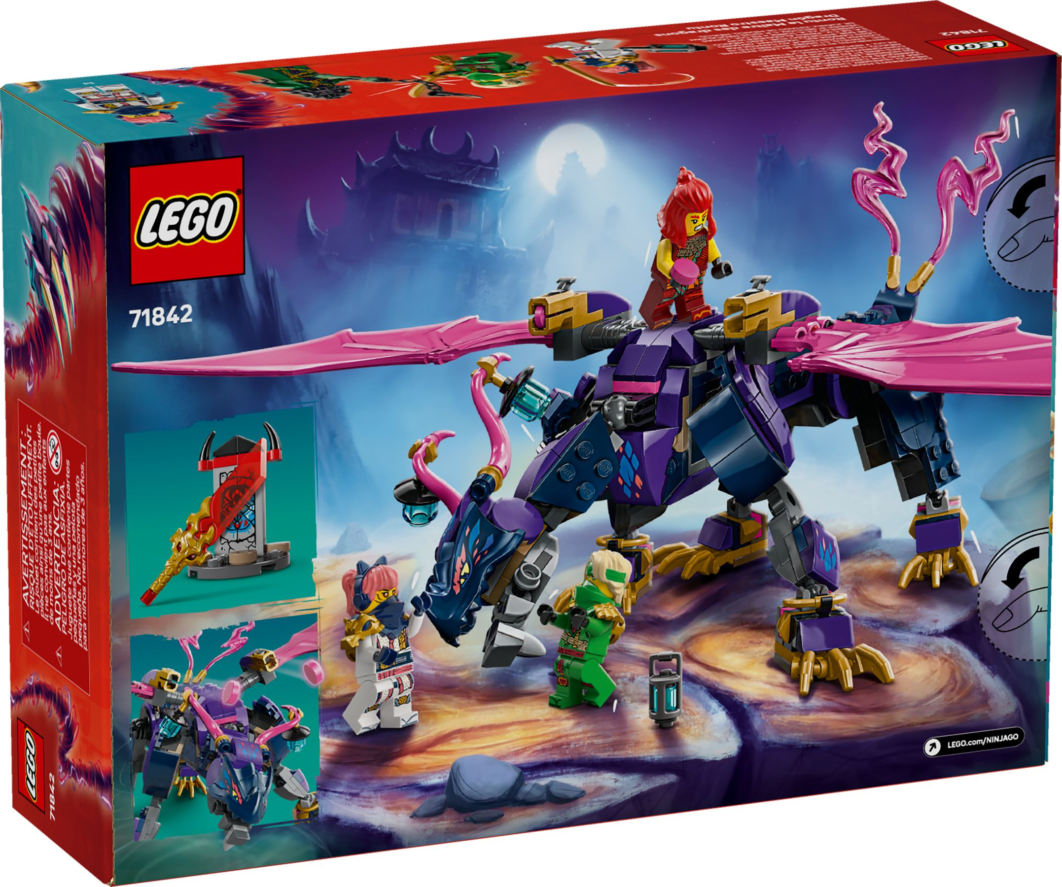 Ein violetter LEGO Drache mit pinken Flügeln und Figuren vor einer Bergkulisse.