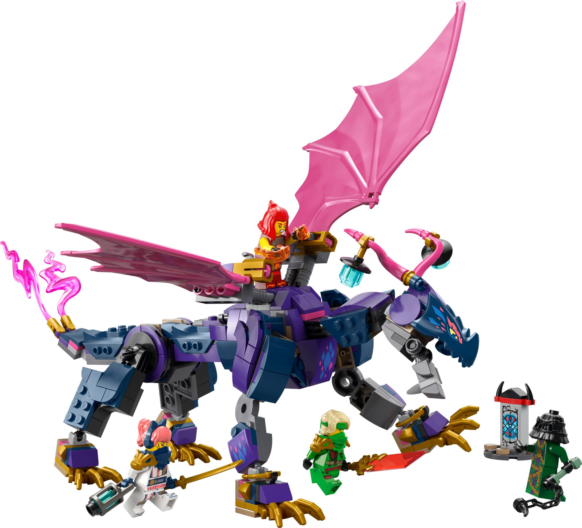 Ein violett-blauer Lego-Drache mit pinken Flügeln, auf dem eine Figur sitzt. Mehrere Minifiguren sind daneben.
