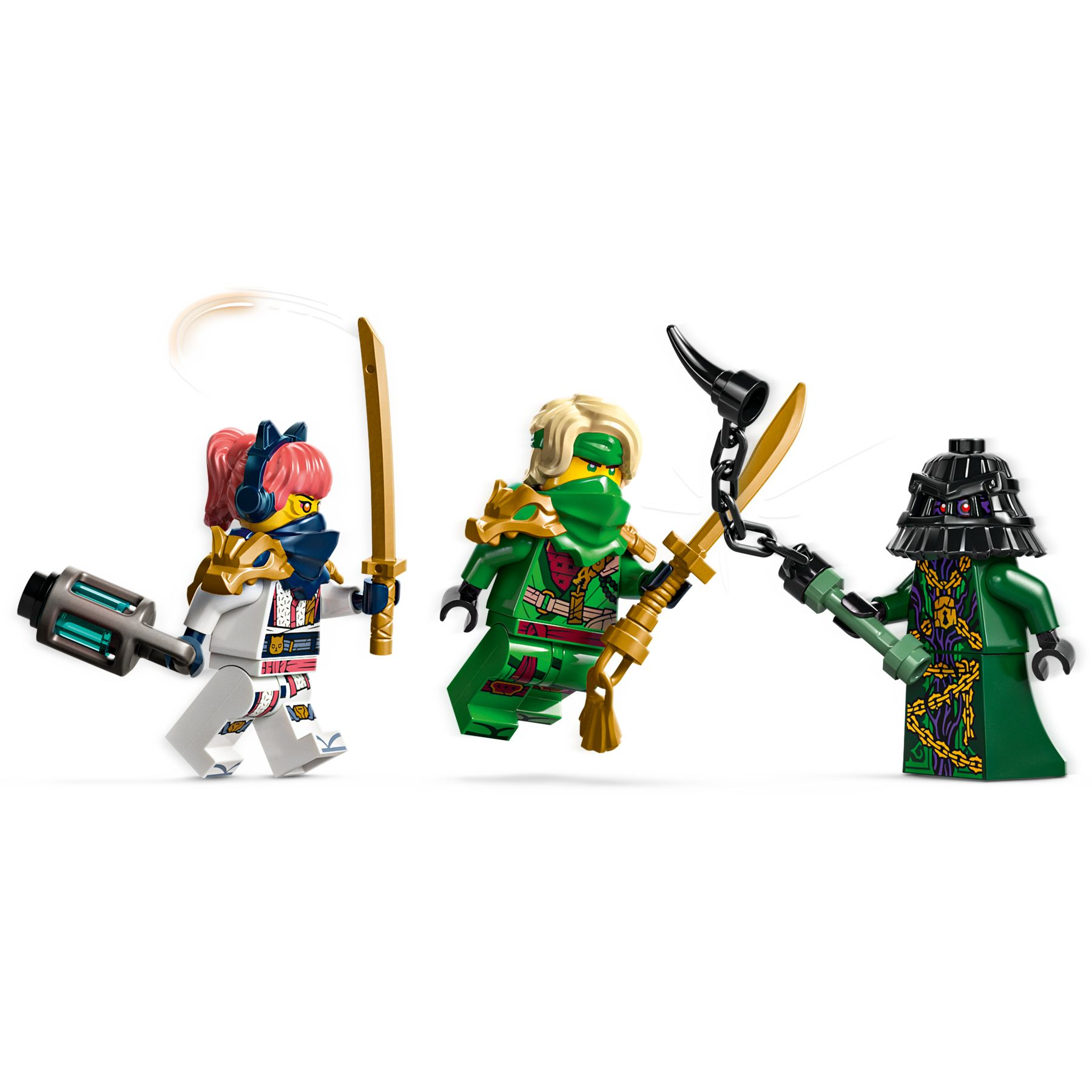 Drei Ninjago-Figuren mit Schwertern und Waffen auf weißem Hintergrund.