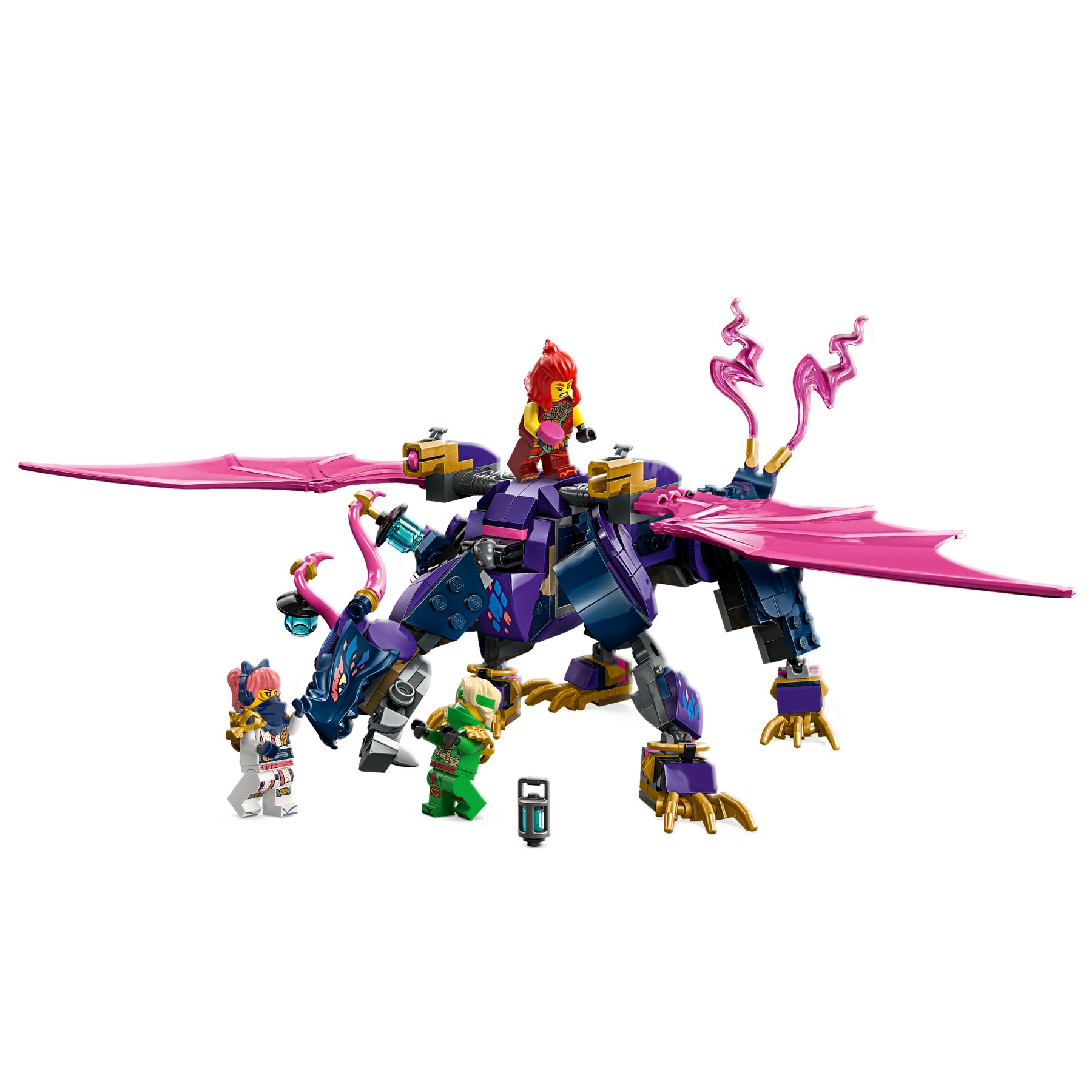Ein violetter Lego-Drache mit rosa Flügeln und vier Minifiguren.