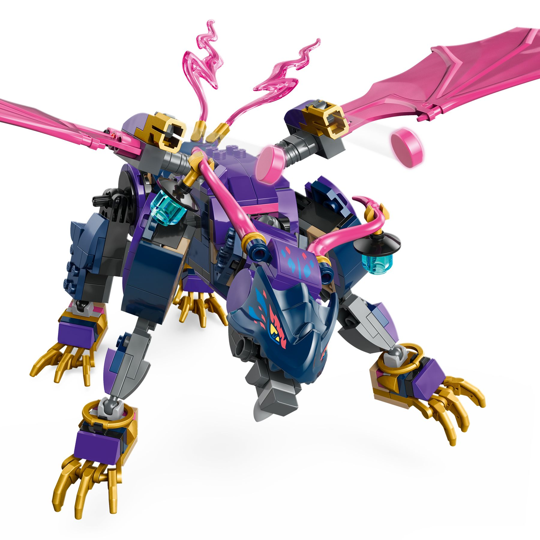 Ein violett-dunkelblauer Lego-Drache mit rosa Flügeln und Flammen.