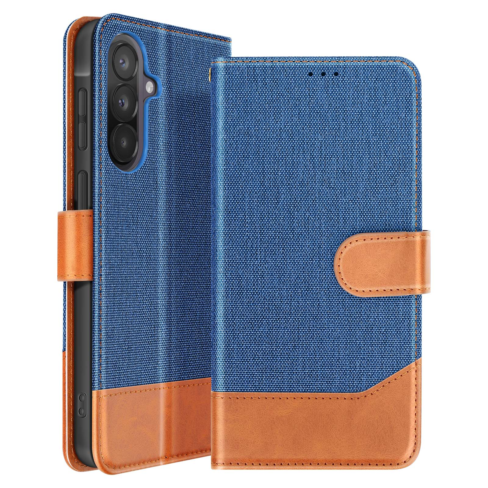 Custodia per telefono blu con accenti in pelle marrone, fotocamere e chiusura magnetica.