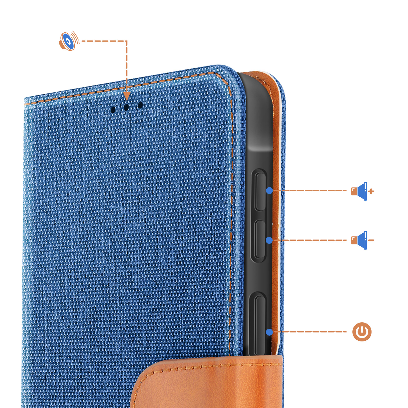 Custodia blu per telefono con accenti marroni, pulsanti volume e accensione.