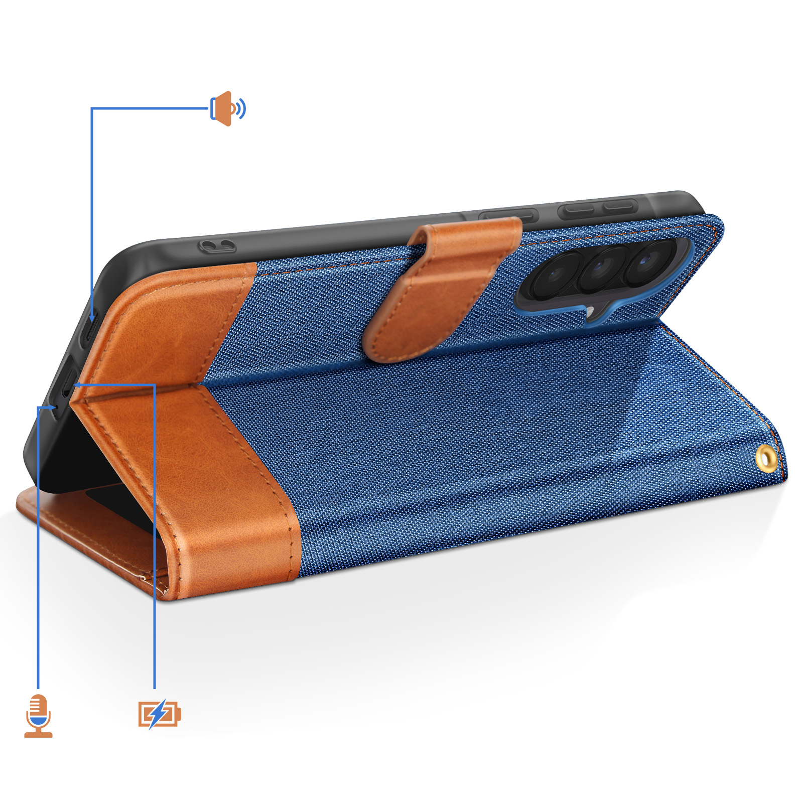 Custodia a libro in denim blu con accenti in pelle marrone per smartphone.