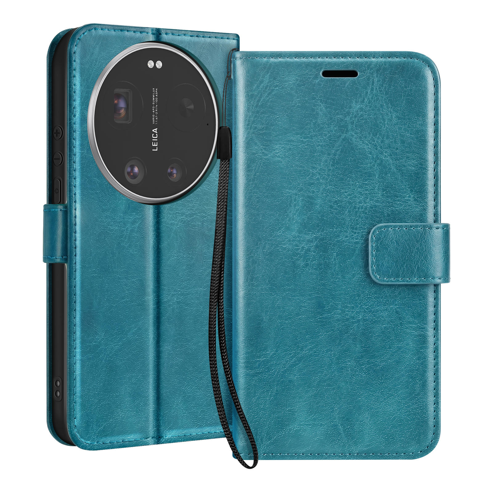 Turquoise lederen telefoonhoesje met Leica camera-opening en zwart polsbandje.