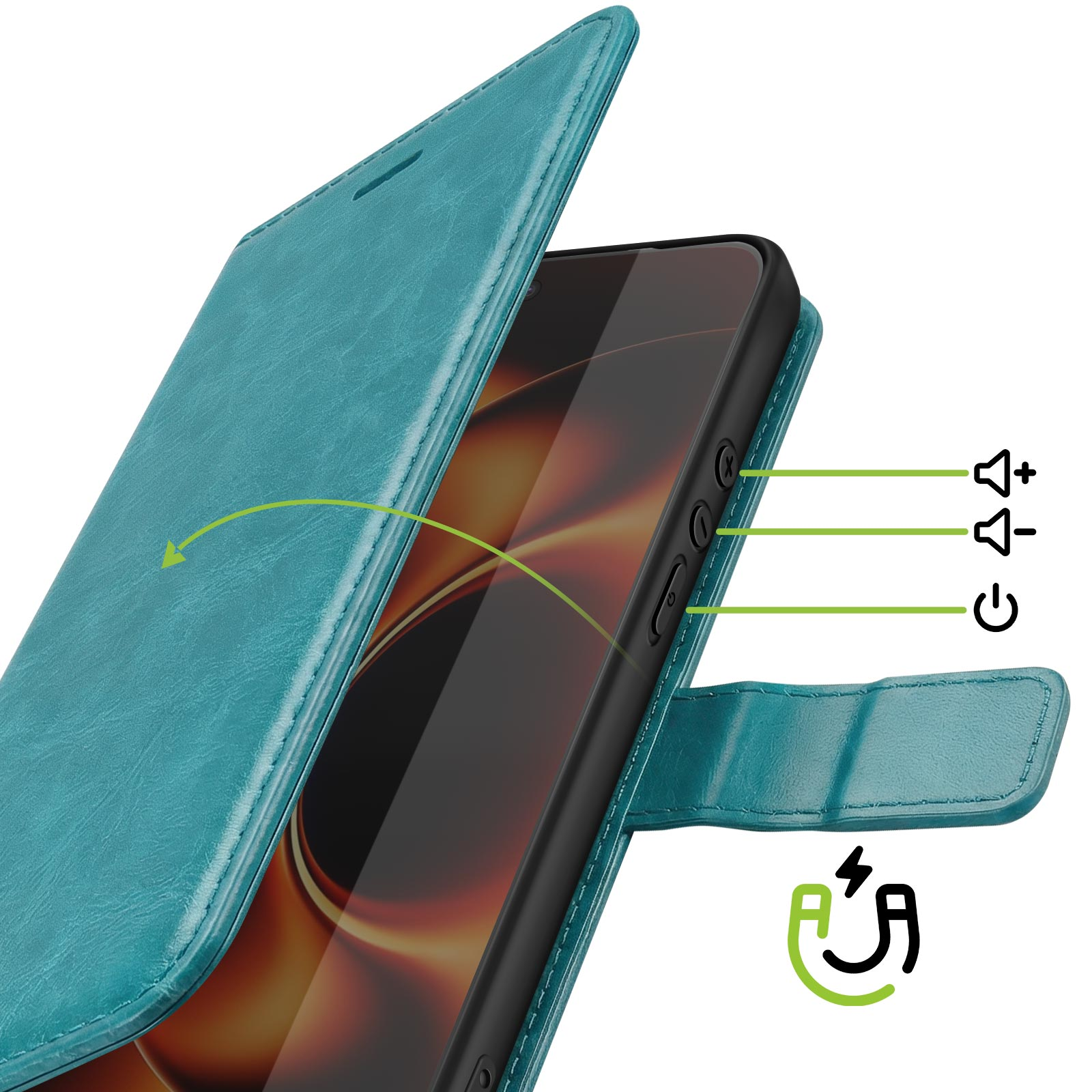 Turquoise boek-telefoonhoes met zijknopen en oplaadindicator.