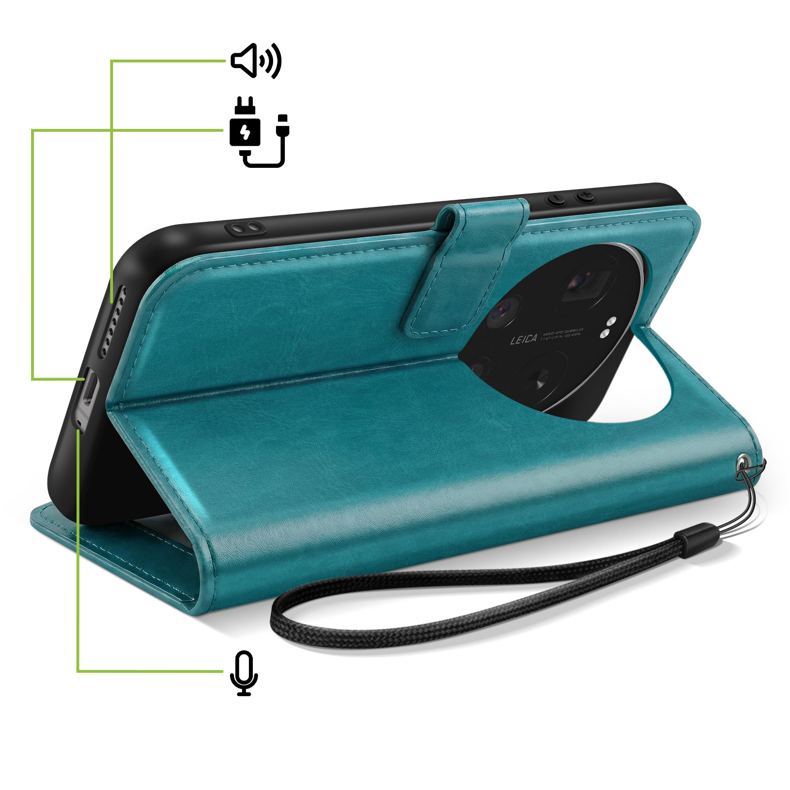 Turquoise flip telefoonhoes met camera-uitsparing en koord. Iconen voor geluid, opladen, microfoon.