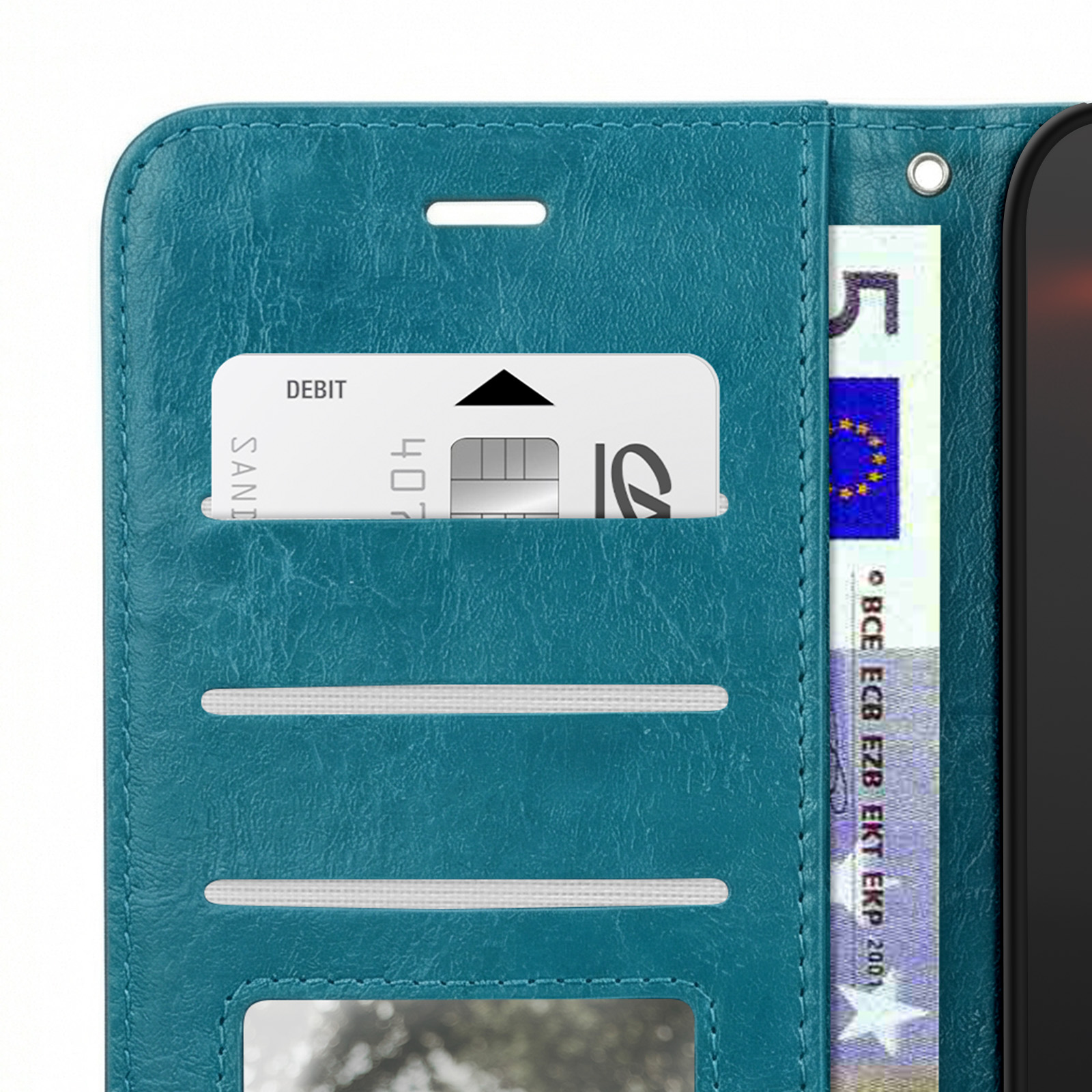 Turquoise telefoonhoesje met kaartsleuf en bankbiljet