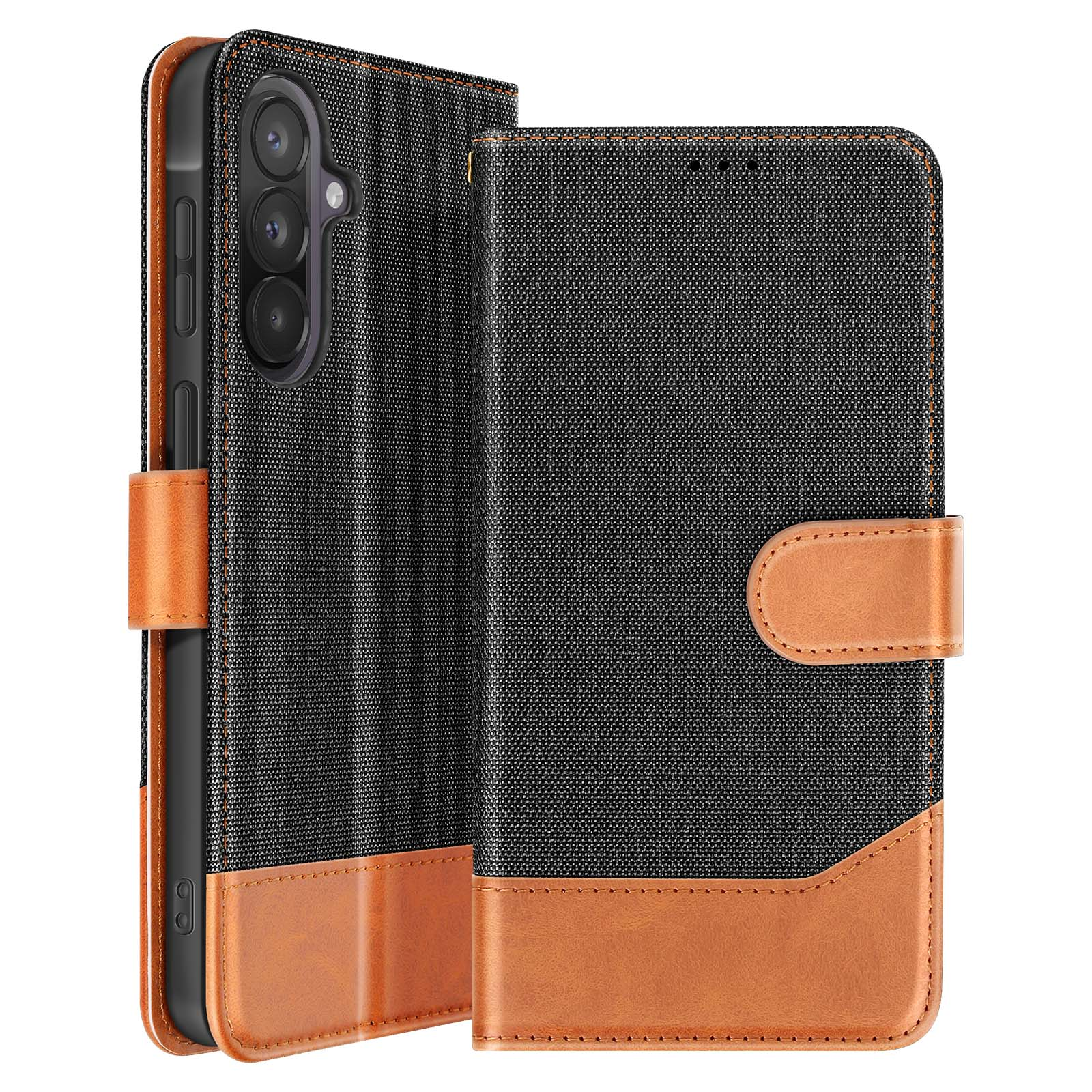 Custodia nera per telefono con accenti in pelle marrone e foro fotocamera.