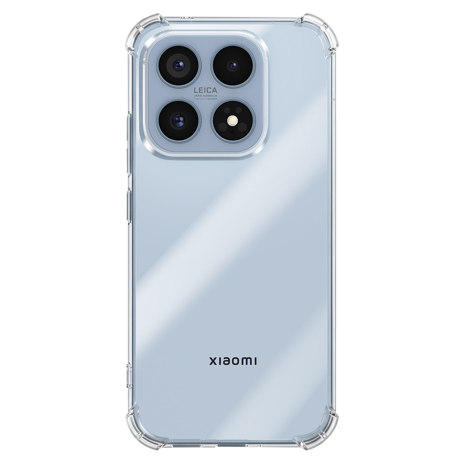 Una cover trasparente protegge un telefono azzurro con quattro fotocamere e logo Leica.