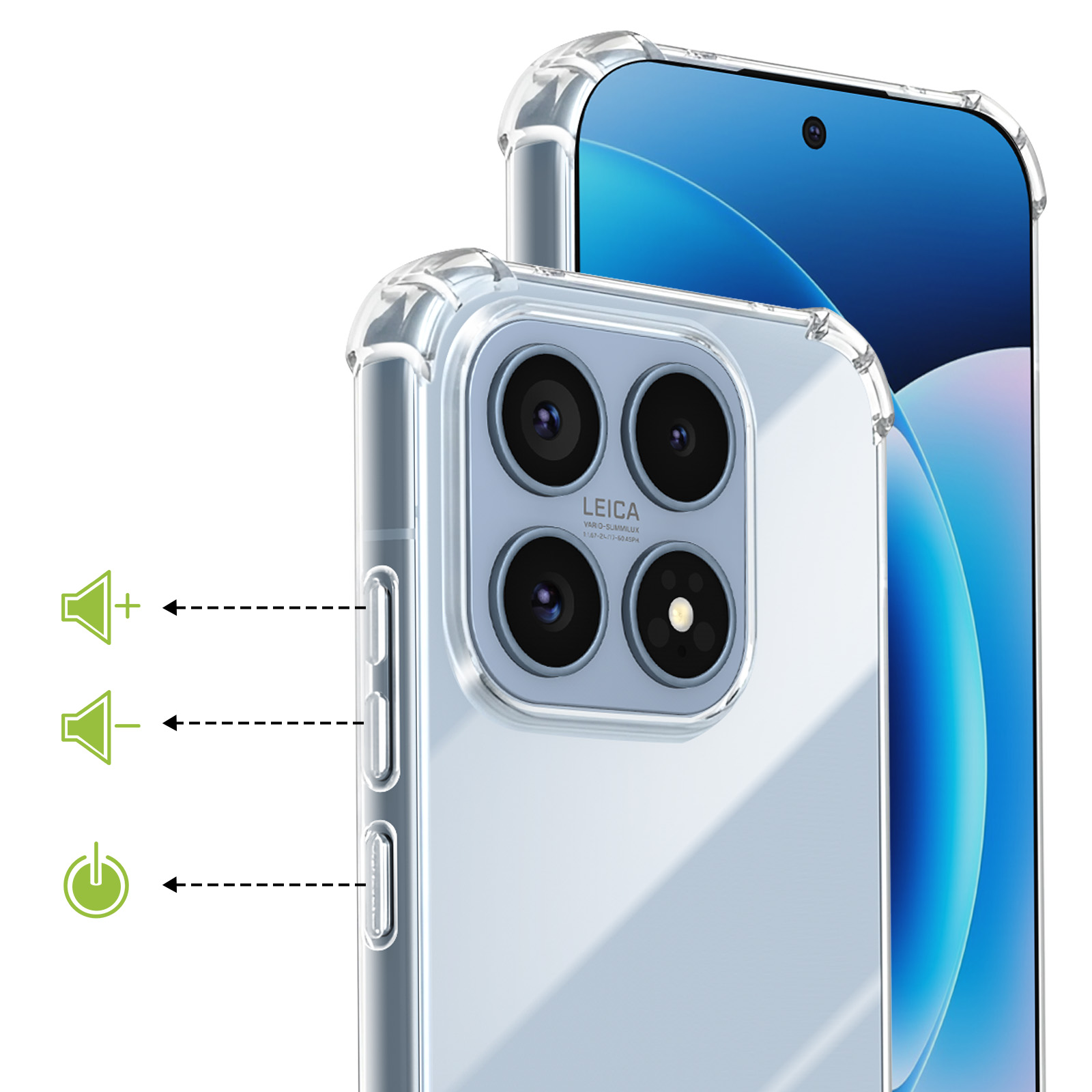 Una custodia trasparente per telefono mostra le fotocamere quadruple e i pulsanti del volume.