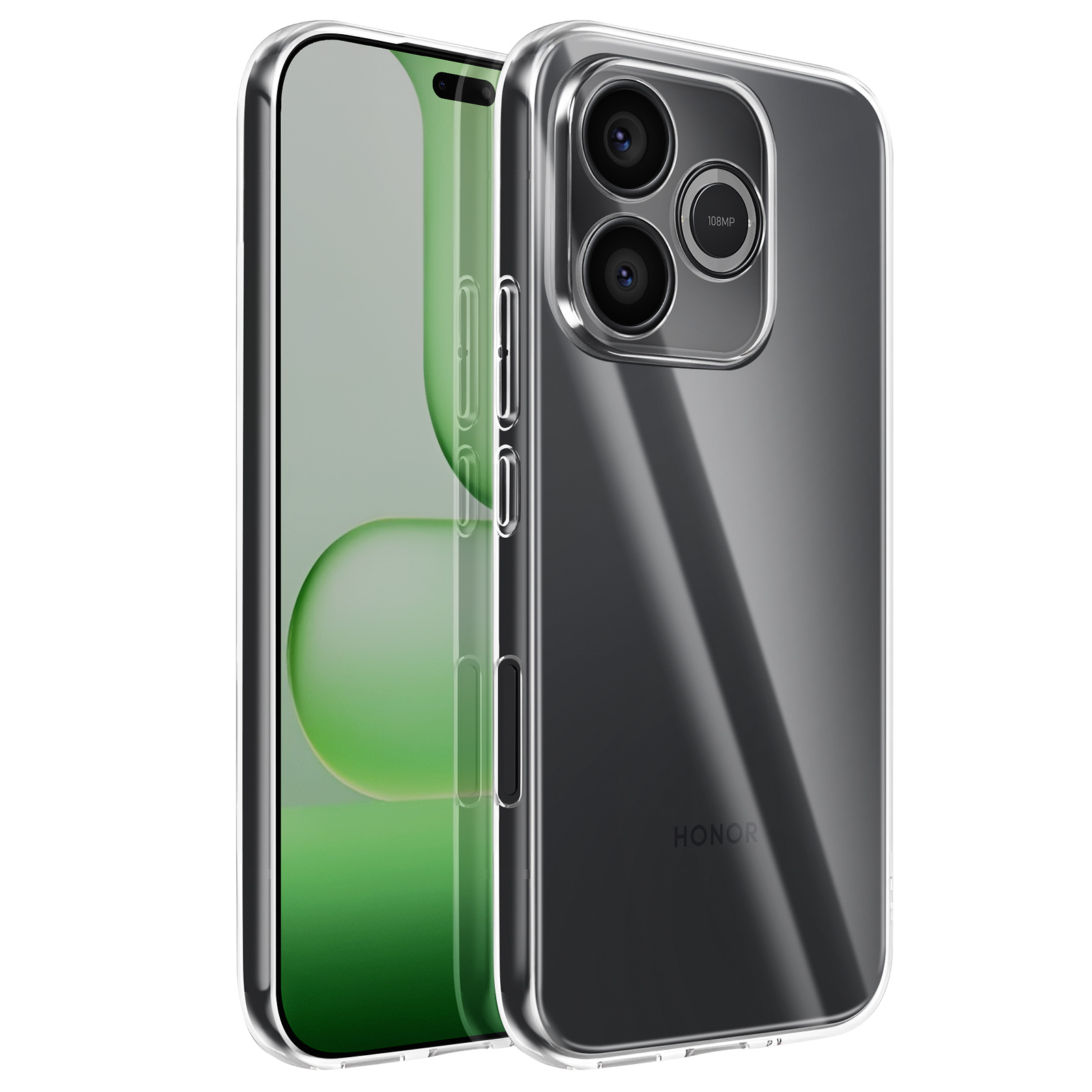 Deux coques de téléphone transparentes avec caméras sur fond blanc.