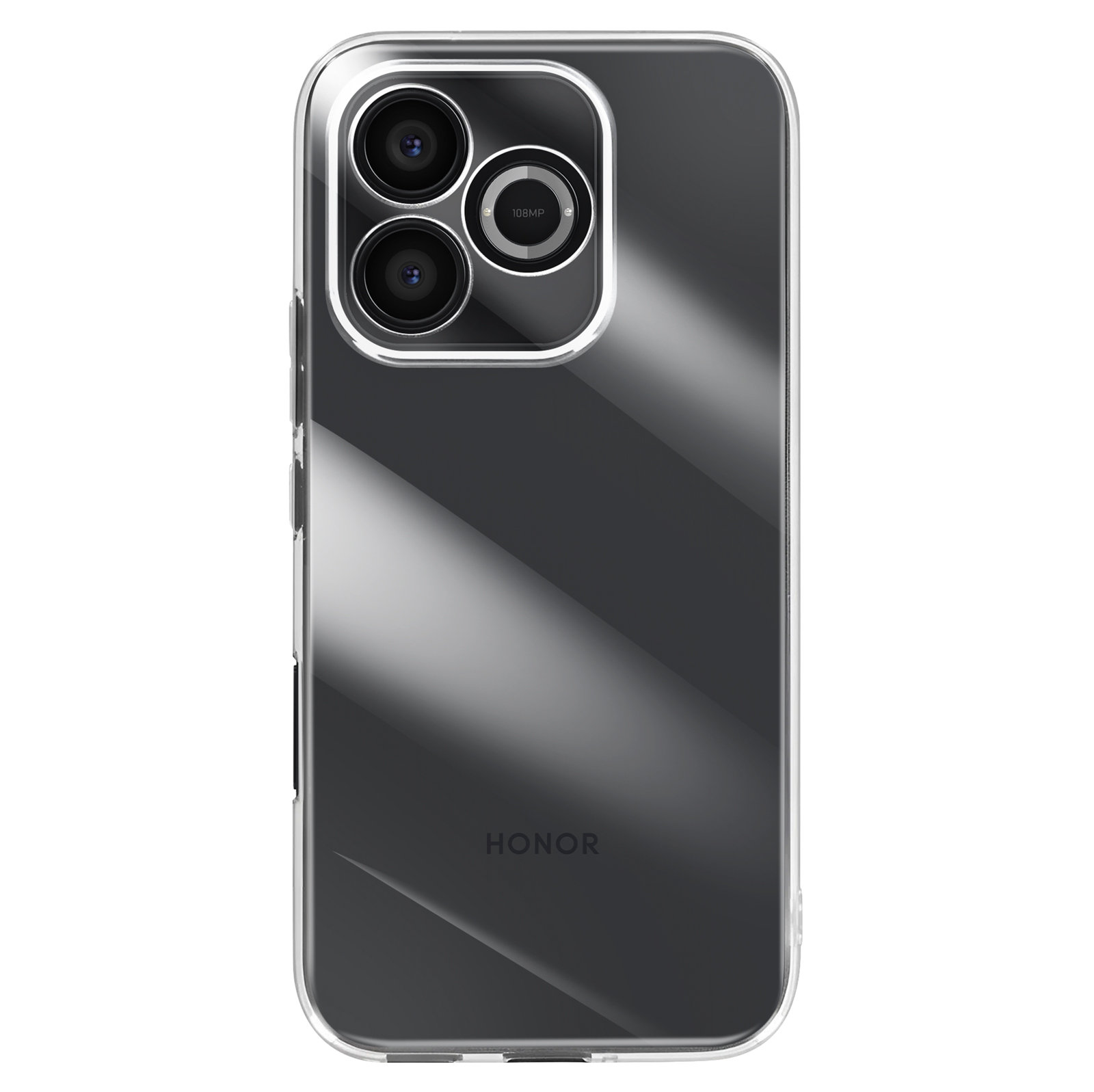 Une coque de téléphone transparente avec trois caméras et le logo HONOR.