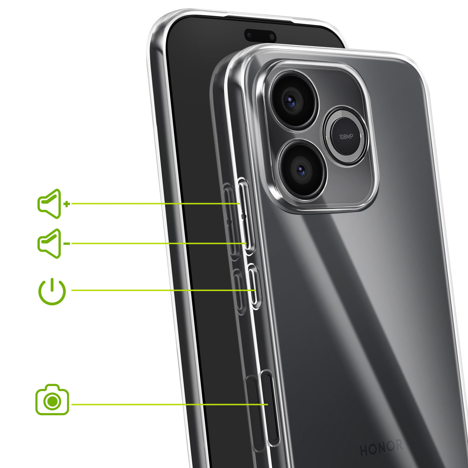 Une coque de téléphone transparente sur un smartphone avec triple appareil photo et 108MP.