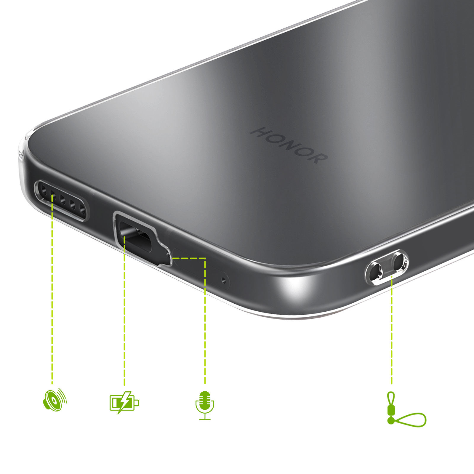 Gros plan du bas d'un smartphone argenté avec ports et icônes.
