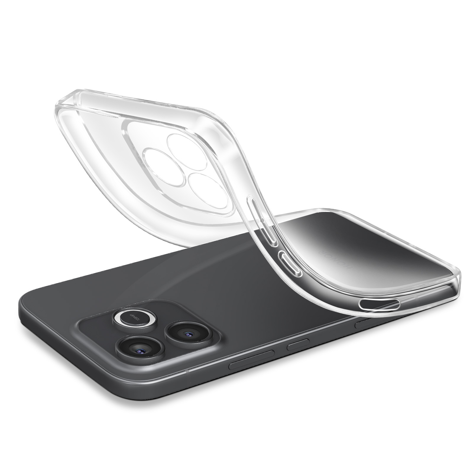 Coque transparente sur smartphone sombre avec trois caméras.